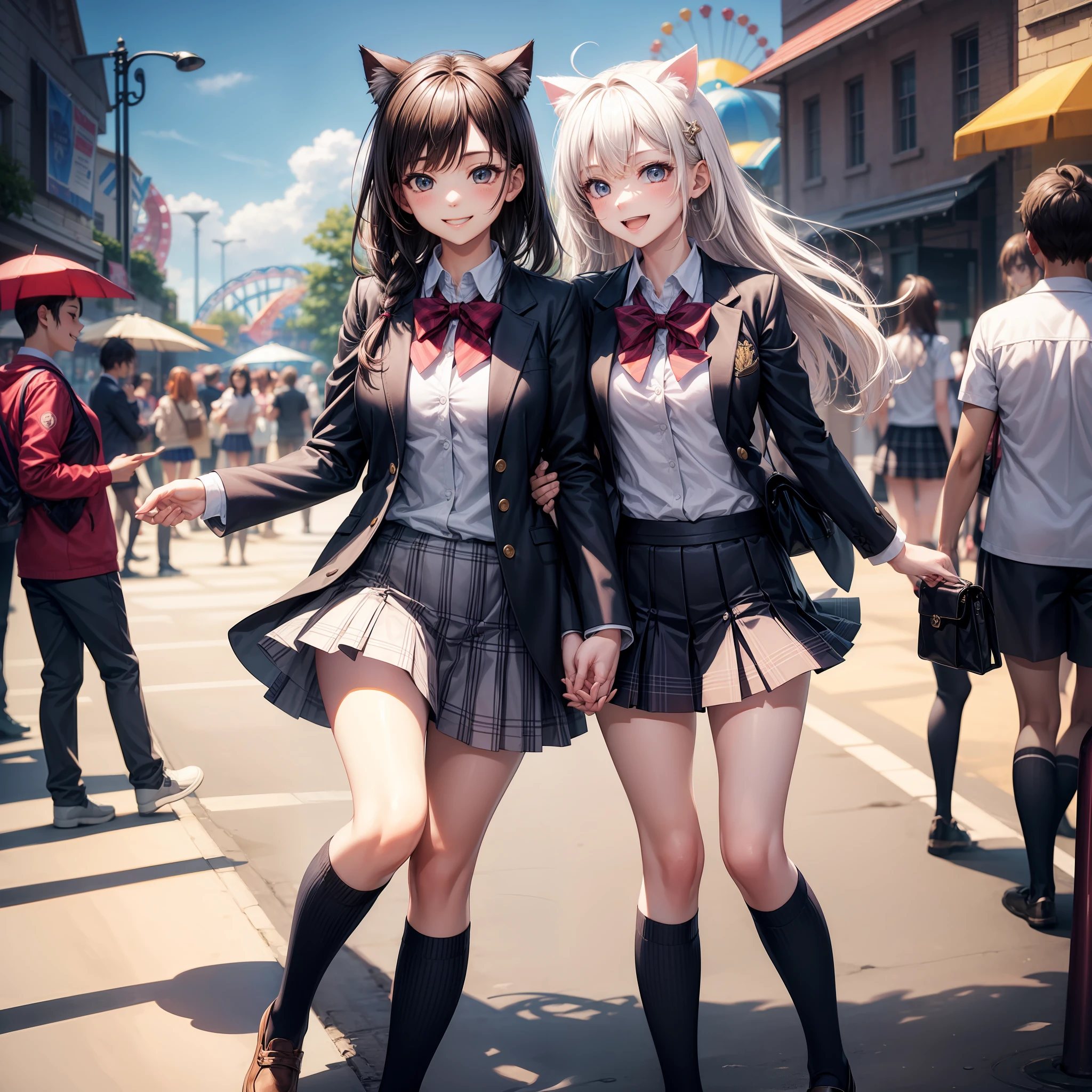 beste Quality、Two high school girls、shcool uniform、miniskirts、Slender、dark haired、wave、Dark eyes、Background blur、amusement park、smile on face、piece、cat ear、a whole body
