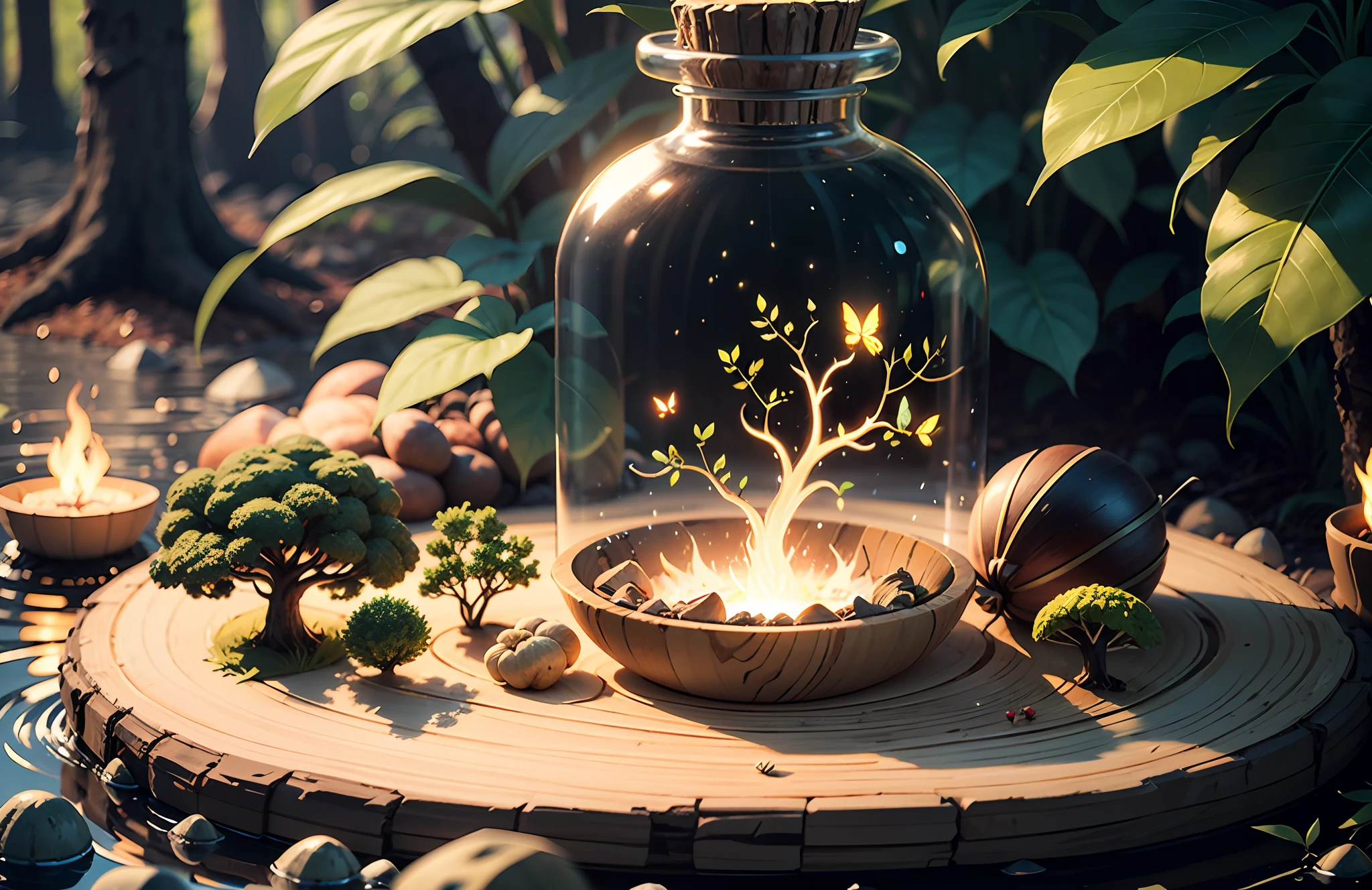 杰作,best possible quality,Extremely beautiful reflection,The best reflections。(Very detailed CG Unity 8k wallpaper),(best possible quality),(The best illustrations),(The best shadow),Forest theme with natural elements。Tall trees,quiet streams,Glowing small mushrooms,Surrounded by delicate leaves and branches,There are also fireflies and glowing particle effects,The tree in the bottle,(nature elements),(Jungle theme),(Foliage),(tree branch),(fireflys),butterflies,(Delicate leaves),(glowing with),(particle effect)。 , Isometric 3D, Octane rendering, raytraced, Ultra detailded