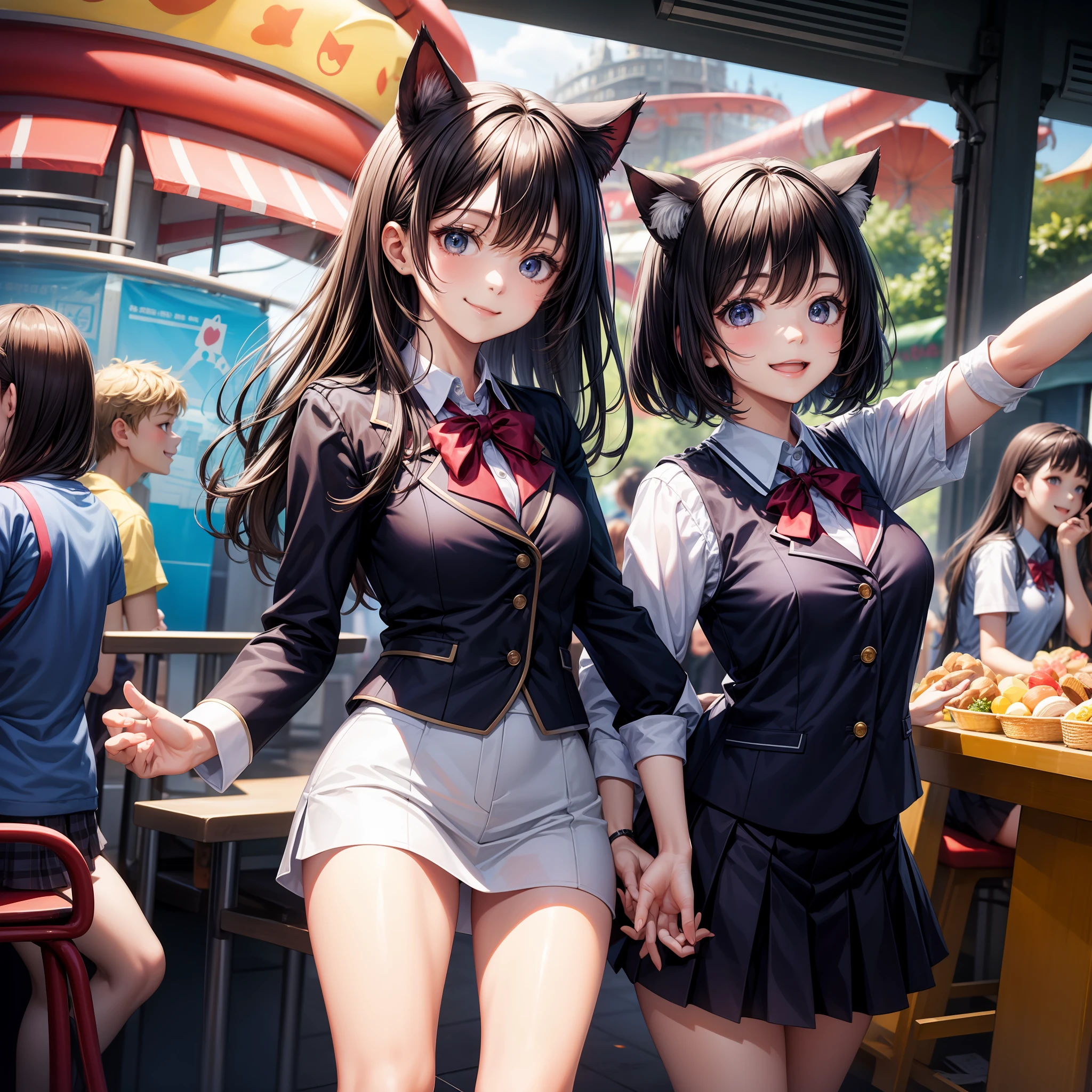 beste Quality、Two high school girls、shcool uniform、miniskirts、Slender、dark haired、wave、Dark eyes、Background blur、amusement park、smile on face、piece、cat ear、a whole body