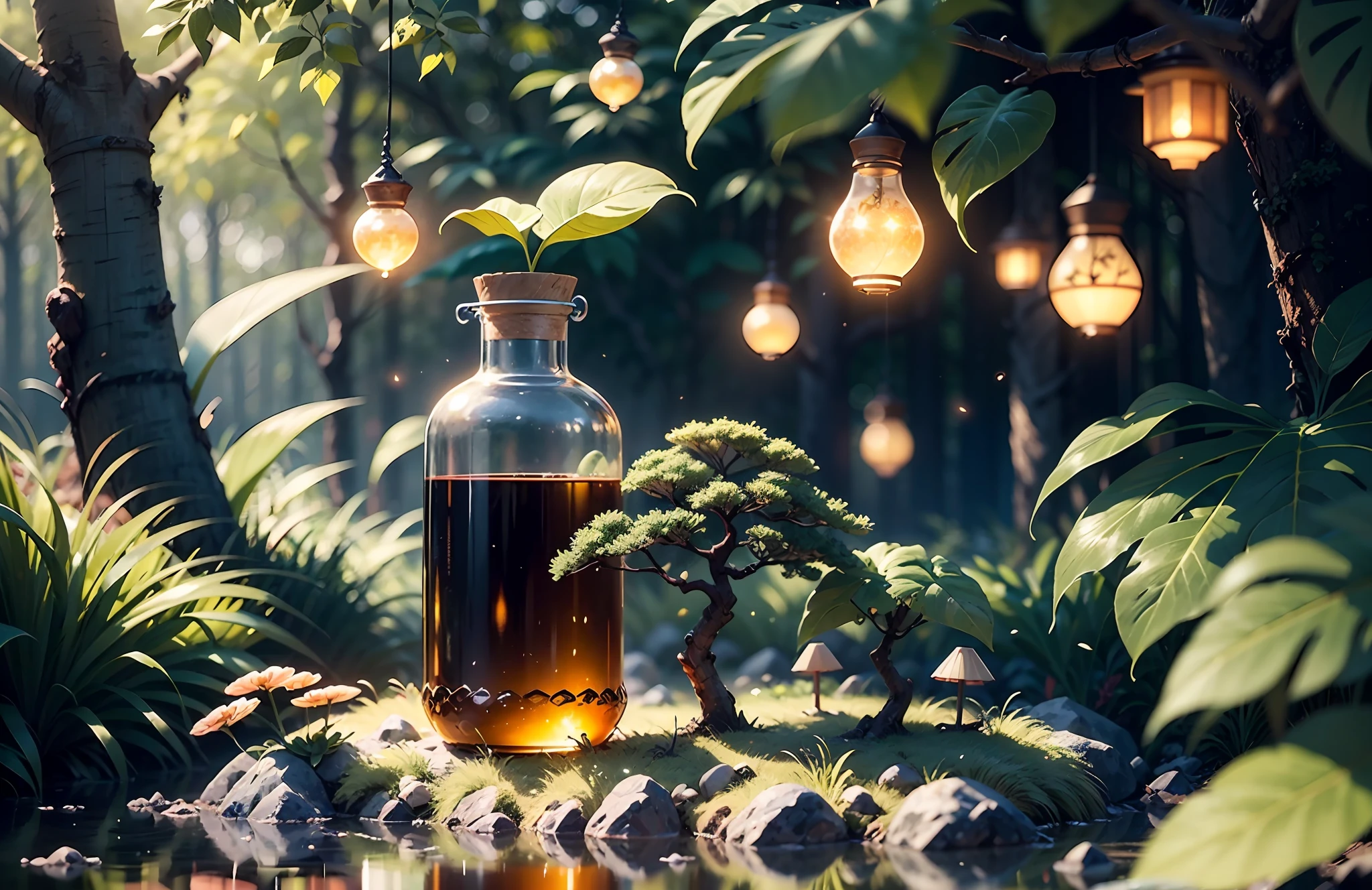 杰作,best possible quality,Extremely beautiful reflection,The best reflections。(Very detailed CG Unity 8k wallpaper),(best possible quality),(The best illustrations),(The best shadow),Forest theme with natural elements。Tall trees,quiet streams,Glowing small mushrooms,Surrounded by delicate leaves and branches,There are also fireflies and glowing particle effects,The tree in the bottle,(nature elements),(Jungle theme),(Foliage),(tree branch),(fireflys),butterflies,(Delicate leaves),(glowing with),(particle effect)。 , Isometric 3D, Octane rendering, raytraced, Ultra detailded