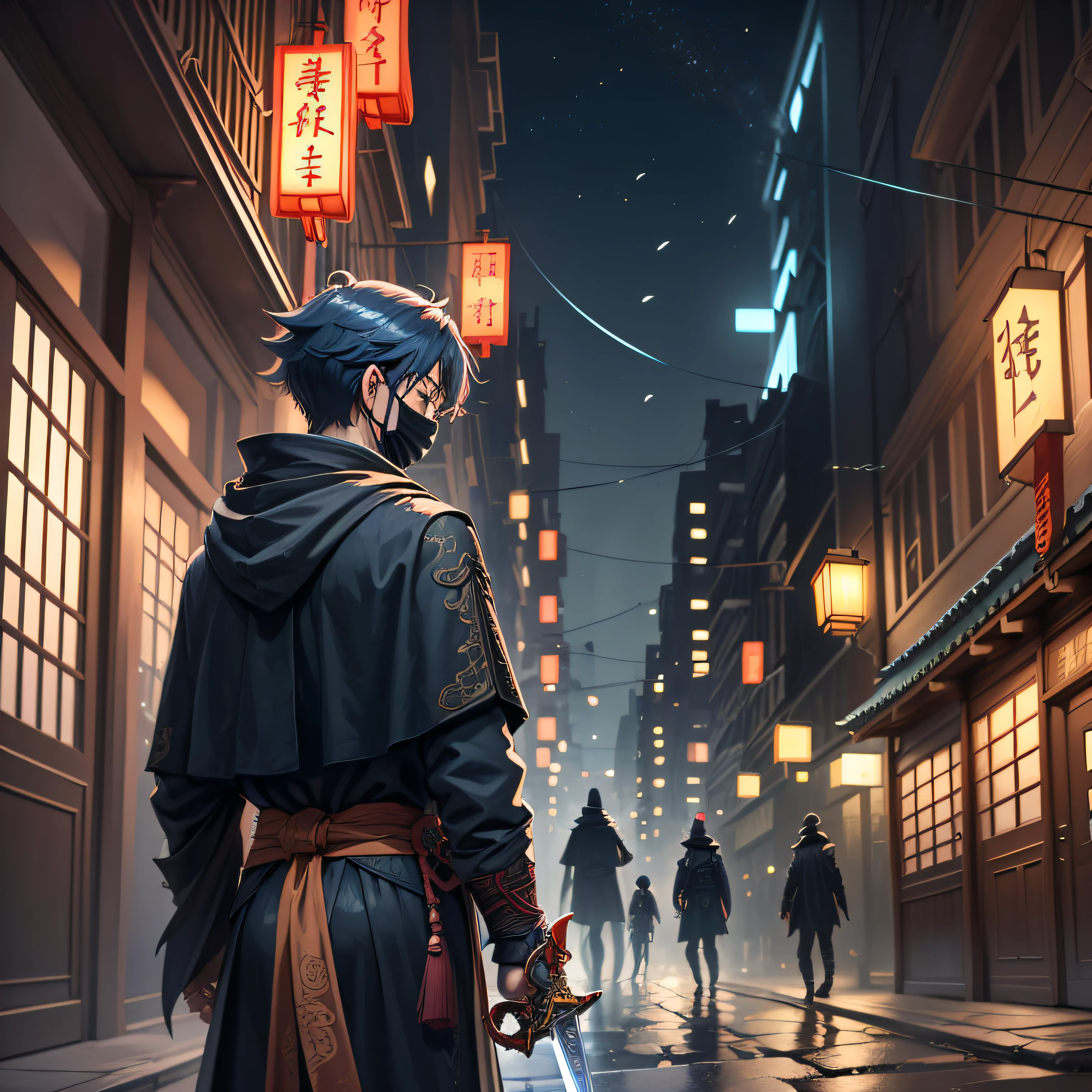 Ancient Chinese architecture，Streets，Night，Two people were fighting in the distance，An anime boy，With a cloak，Wearing a black coat，With a black mask，With a long sword in his hand，Ancient Chinese architecture