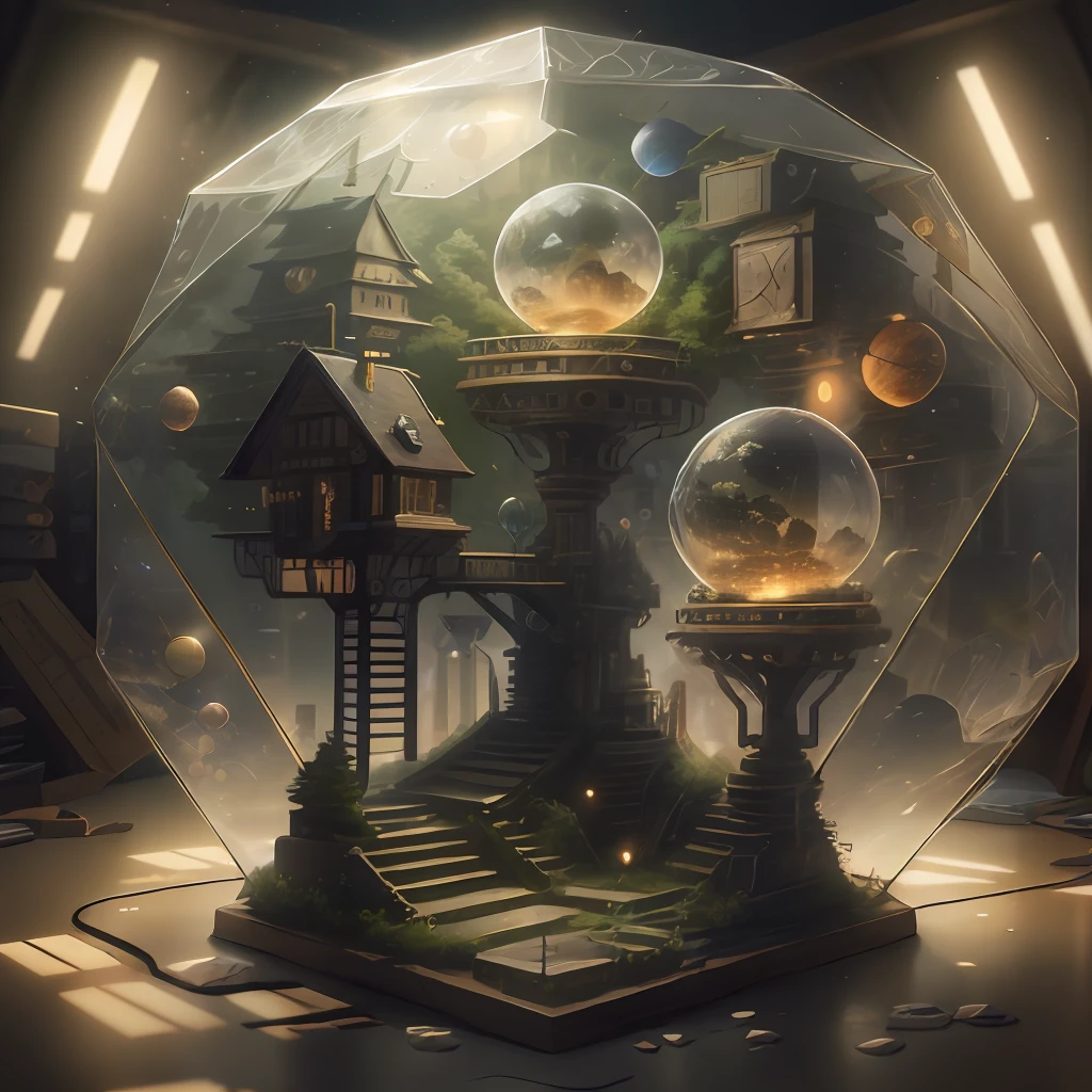 Space-time artificial intelligence scenery，cinematic_light，insanely detailed and intricate, ultra realistis, Super detailed, Ideal polyhedron,Plasma Globe, Halogen Lamp