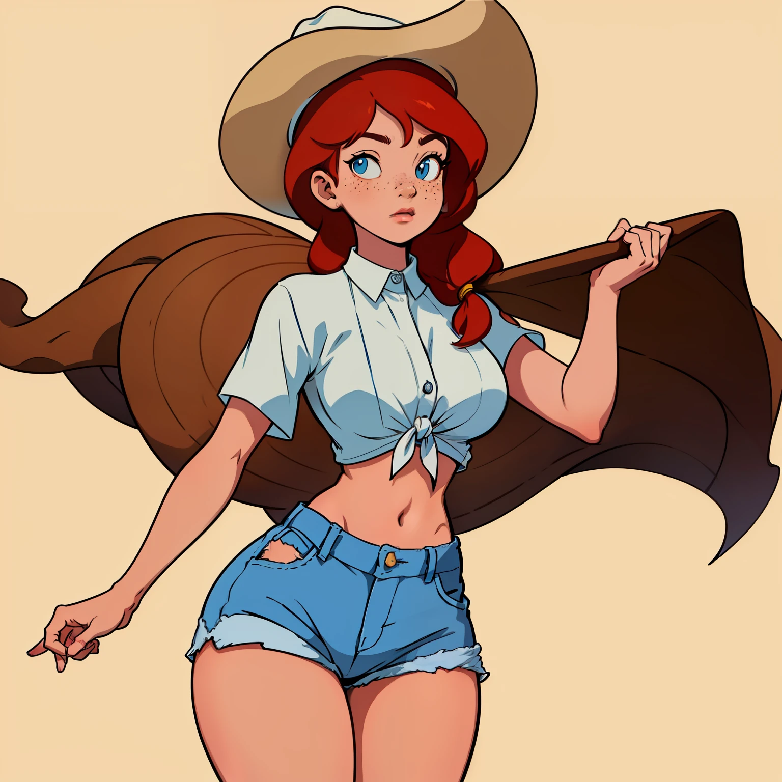 masterpiece, 4k, detailed, extreme detailed, hd, cowboy shot, cowboy, jean shorts, short shorts, white button down, tied off white buttoned shirt, button shirt, white shirt, cowgirl, hat, cowboy hat, red hair, ginger hair, freckles, thick, wide hips, large breasts, slim waist, thick thighs, brown cowboy hat, 10 gallon hat, short red hair, small shirt tied, shirt knot, navel, navel shown, 1girl, solo