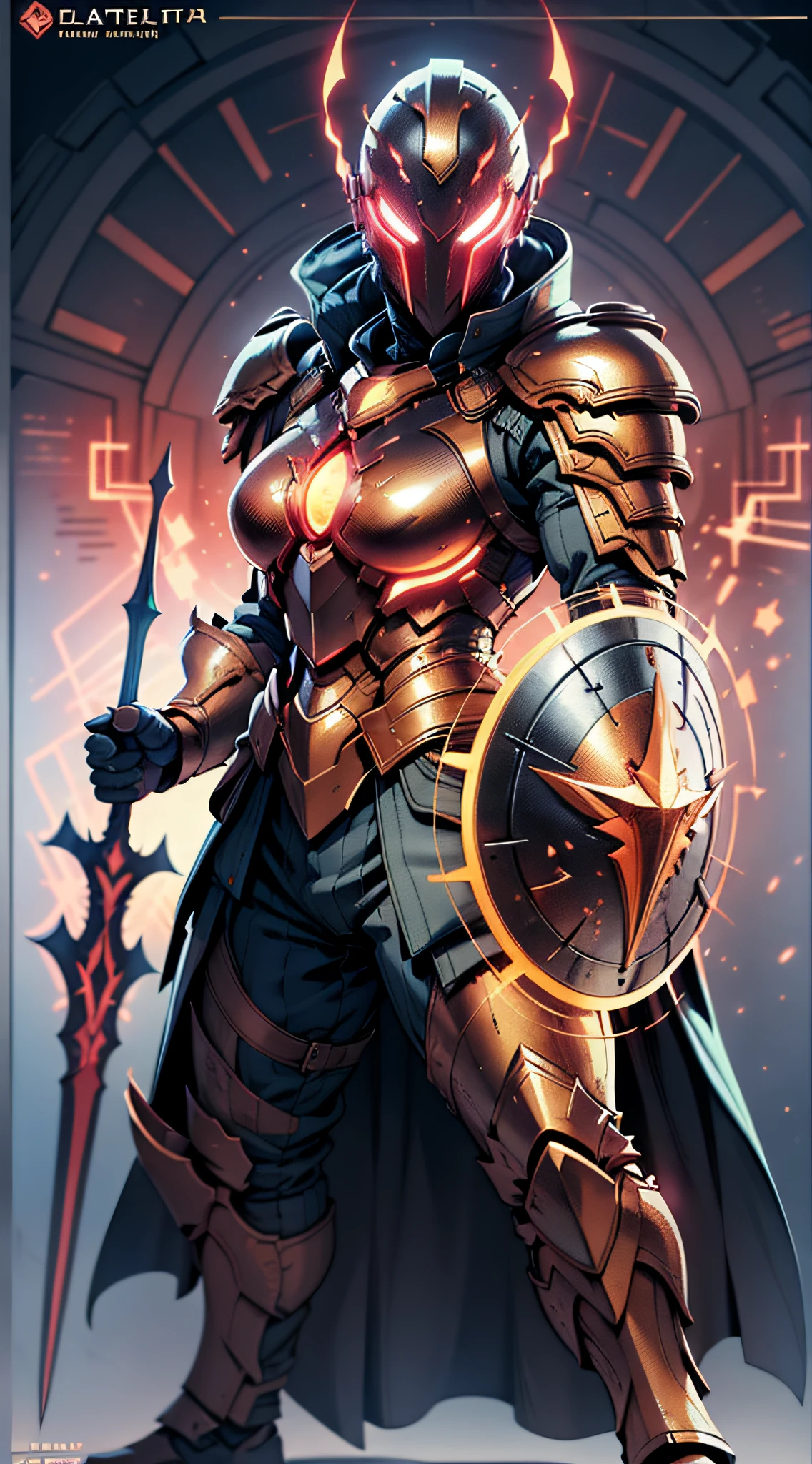 Sc3pt4,comic style,illustrated,line art,colored line art,flat color,3D,watercolor,realistic,photorealistic,mature adult,oil painting,comic poster,High detail,super alta qualidade,8K,Unreal Engine,masterpiece,Best quality,hyperdetailed,detailed,intricate,There was a woman in armor,Black and red armor,Extremely high detail,Holds a shield in his left hand,In his right hand he holds a spear,Full body shot