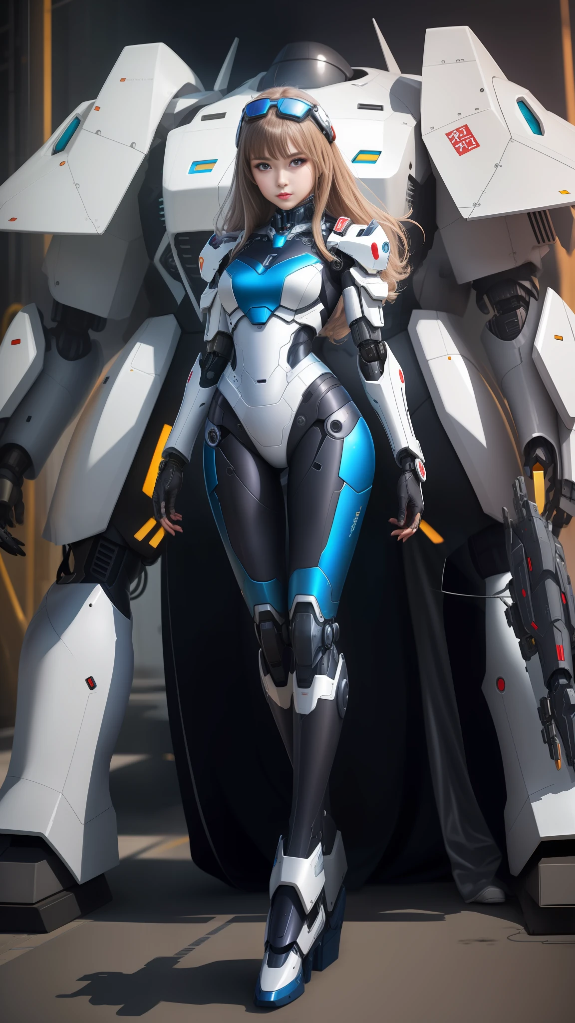 araffes in a futuristic suit posing with a giant robot, porcelain cyborg armor, gynoid cyborg body, girl in mecha cyber armor, perfect anime cyborg woman, cyborg tech on body and legs, porcelain cyborg, diverse cybersuits, Mecha suit, gynoid body, cyber suit, anime robotic mixed with organic, cyborg fashion model