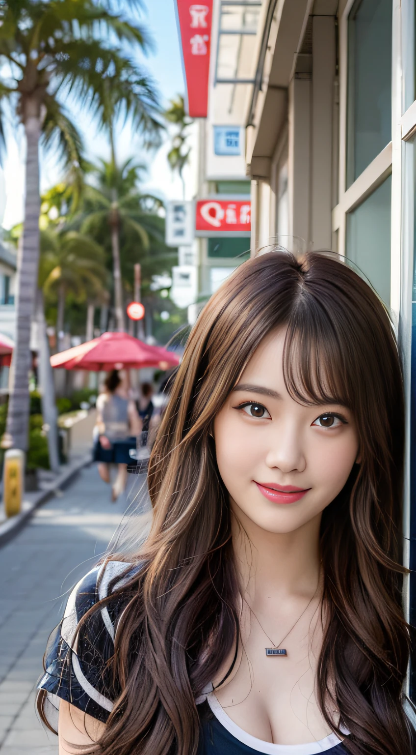 ((Realistic lighting、beste Quality、8K、Master Masterpiece:1.3))、Clear focus:1.2、 a girl、Perfect Body Beauty:1.4、Slim abs:1.1、a whole body、((darkbrown hair、a large breast:1.3))、(Acceleration:1.4)、(al fresco、Daylight:1.1)、View of Waikiki Beach、Palm Tree、slender face、Fine eyes、Double eyelidd、poses of fashion models、Floating hair、T‐shirt、Pendants、Smile of shame