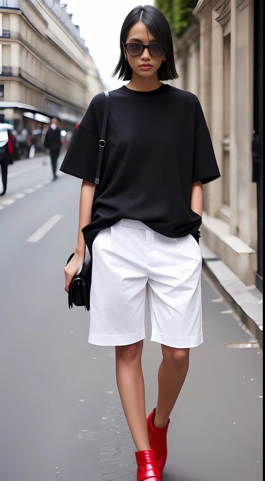 A fashion model,Full body photo,Oversized white short sleeves,Paris Fashion Week,asiatic,