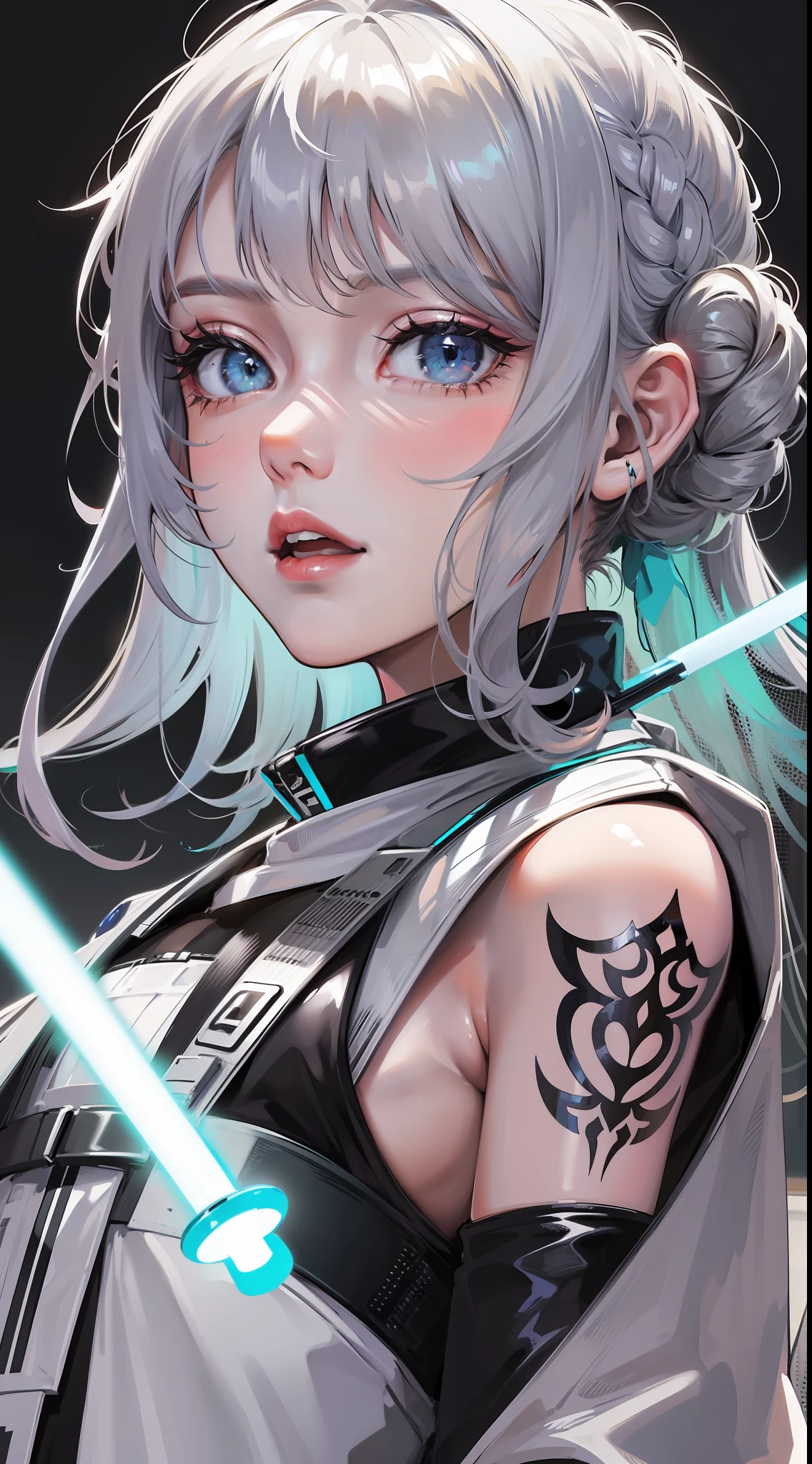 young girl, Long silver hair, turquoise eyes, white tattoos on the face, Rob Jedi, Lightsaber, Masterpiece, hig quality