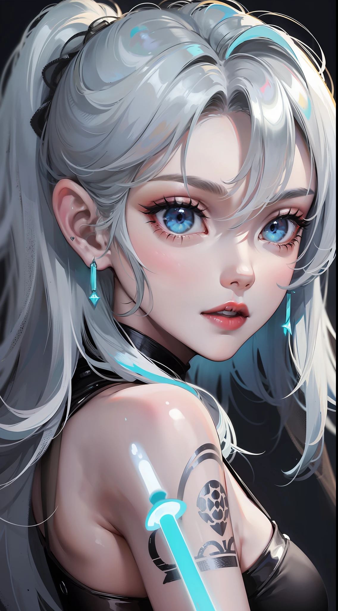 young girl, Long silver hair, turquoise eyes, white tattoos on the face, Rob Jedi, Lightsaber, Masterpiece, hig quality