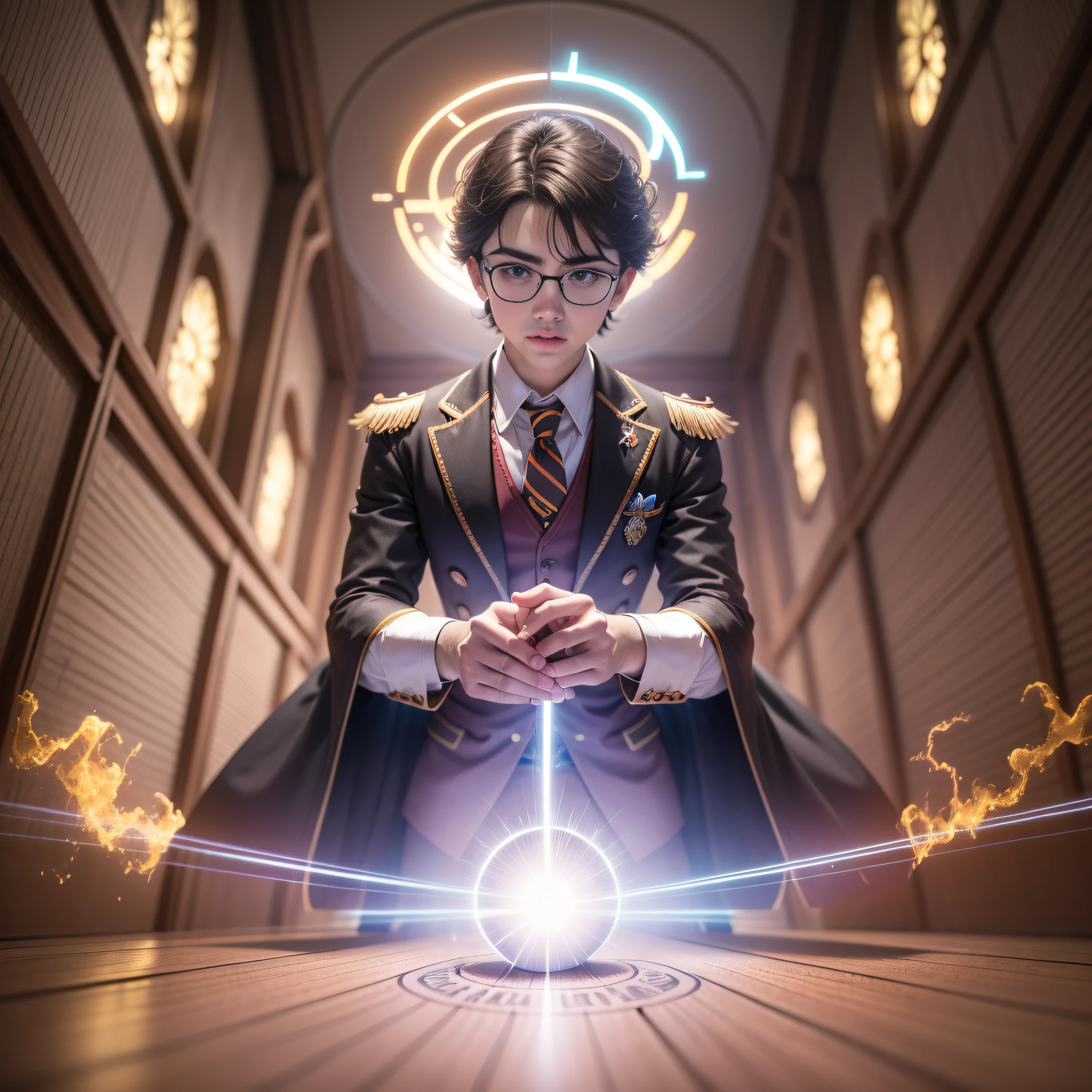 A magician, Wearing Harry Potter's magical clothes，In a multicolored halo, Lens flare, diffraction spikes, Caustics, extreme wide angle, 35mm, hasselblatt, vanishing point, god light, Glowing light, Cinematic lighting, Ultra HDR, 巨作, 巨作, high detailes, High quality, Best quality, highly resolution, 16k