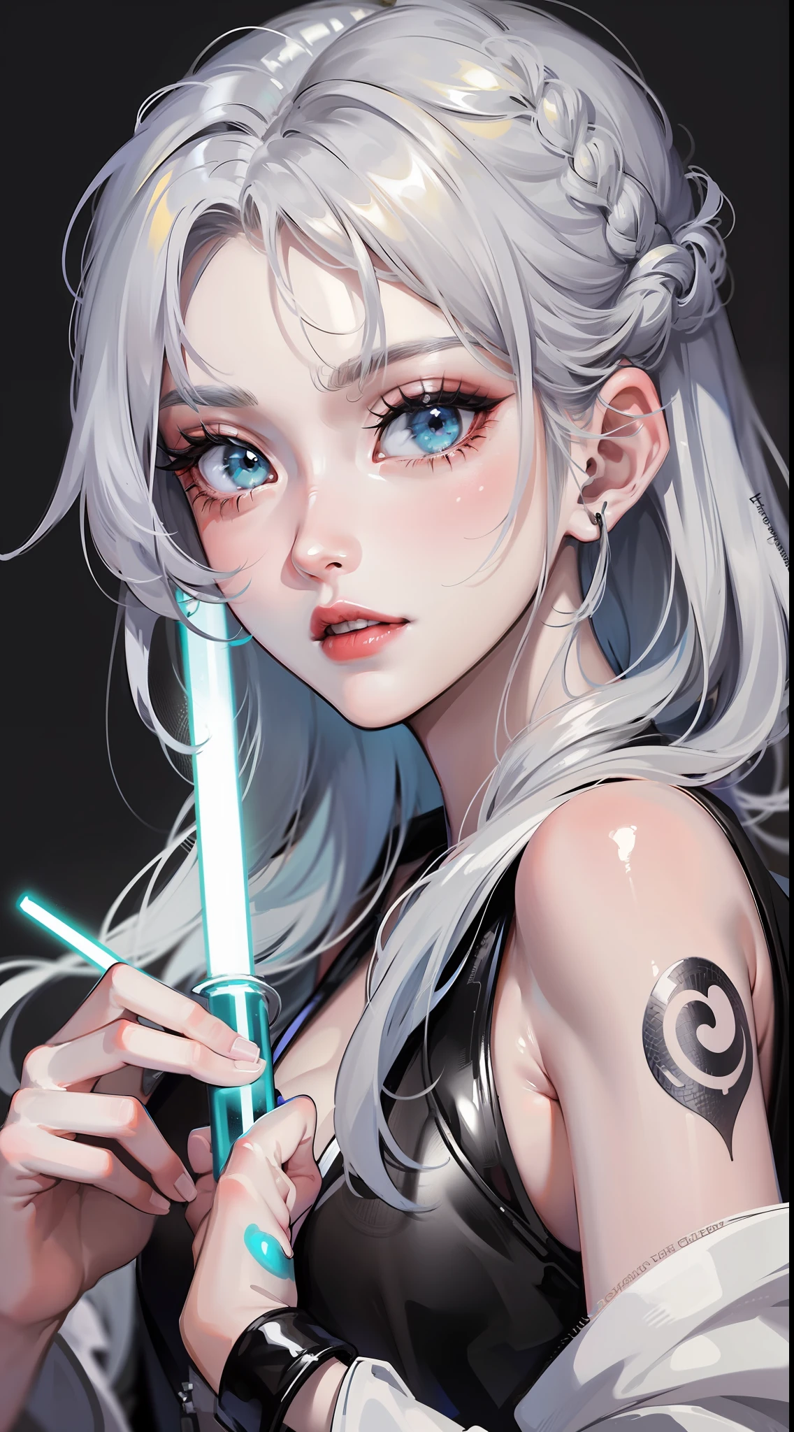 young girl, Long silver hair, turquoise eyes, white tattoos on the face, Rob Jedi, Lightsaber, Masterpiece, hig quality