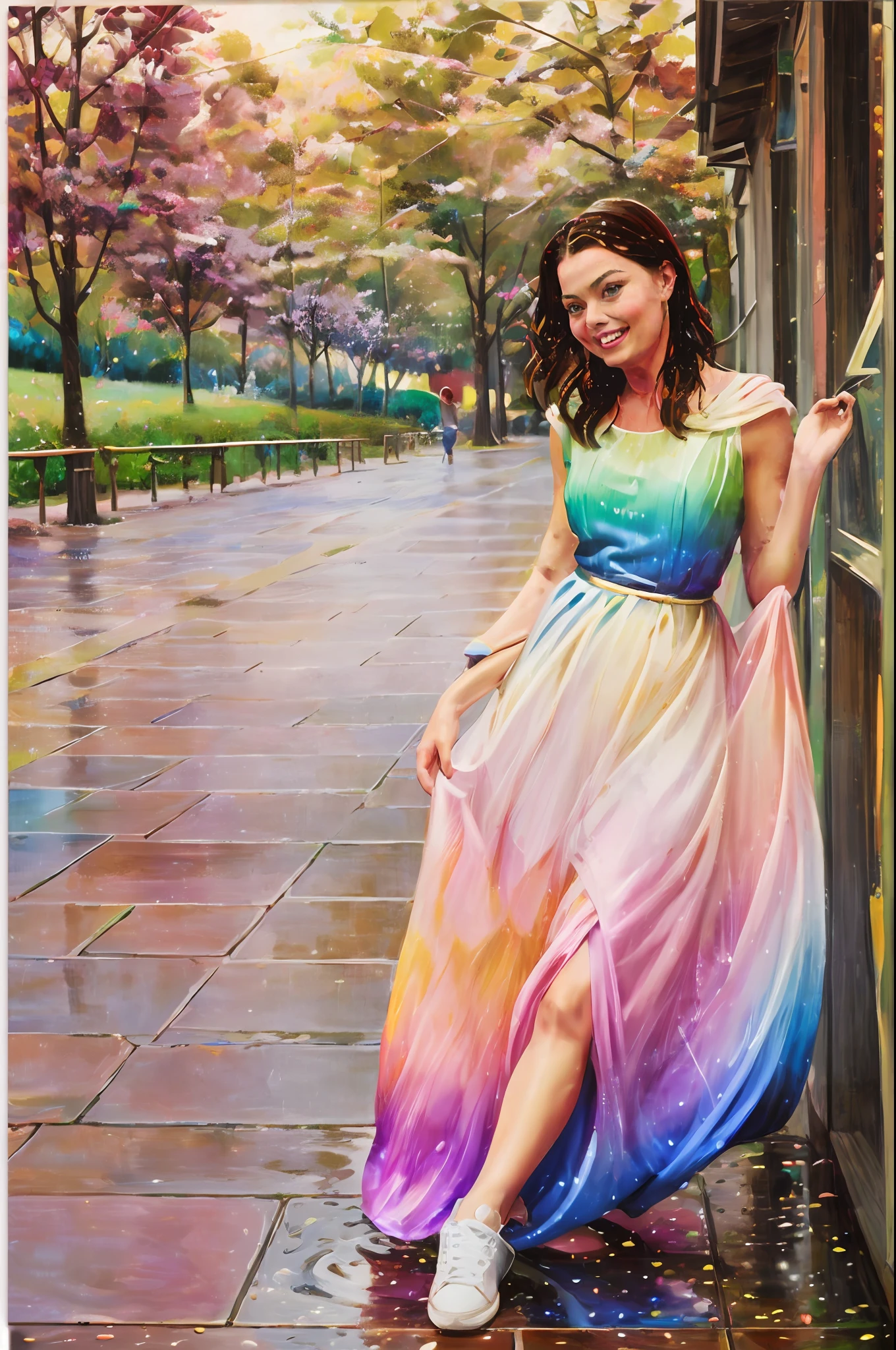 ((Gorgeous young Margot Robbie )) with emotional eyes and wet hair in a wet light summer dress,((dress in the style of Authentic Russian national ornament)) , smiling happily and bouncing in pink sneakers on wet paving stones in the park in the rain, intricate detail, 16k, Dynamic landscape, gradient painting on canvas, (atmosphere in the style of Karl Bryullov ), bright colors, Clarity in post-processing , --q 2 --ar 2:3 --c 52 --s 750