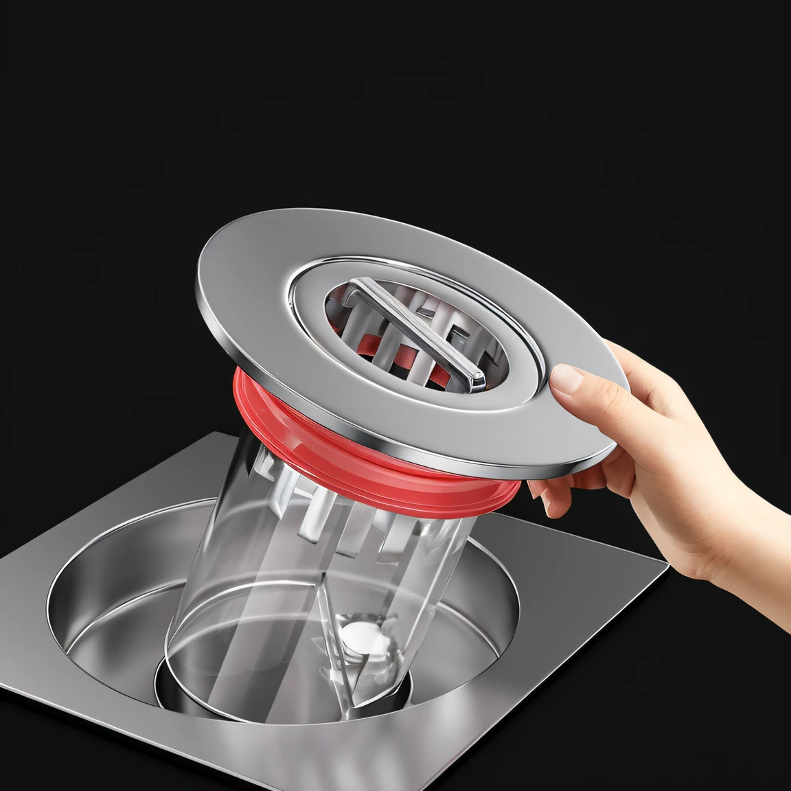 someone is holding a red and silver strainer in a sink, easy to use, depicted as a 3 d render, computer generated, crisp smooth clean lines, conceito, true realistic image, hyper-realistic illustration, Easy to understand, Hyper-realistic, hyper - realistic, designed in blender, conceptual art, small chamber. Hyperrealistic, Artistic rendering, hyperreality