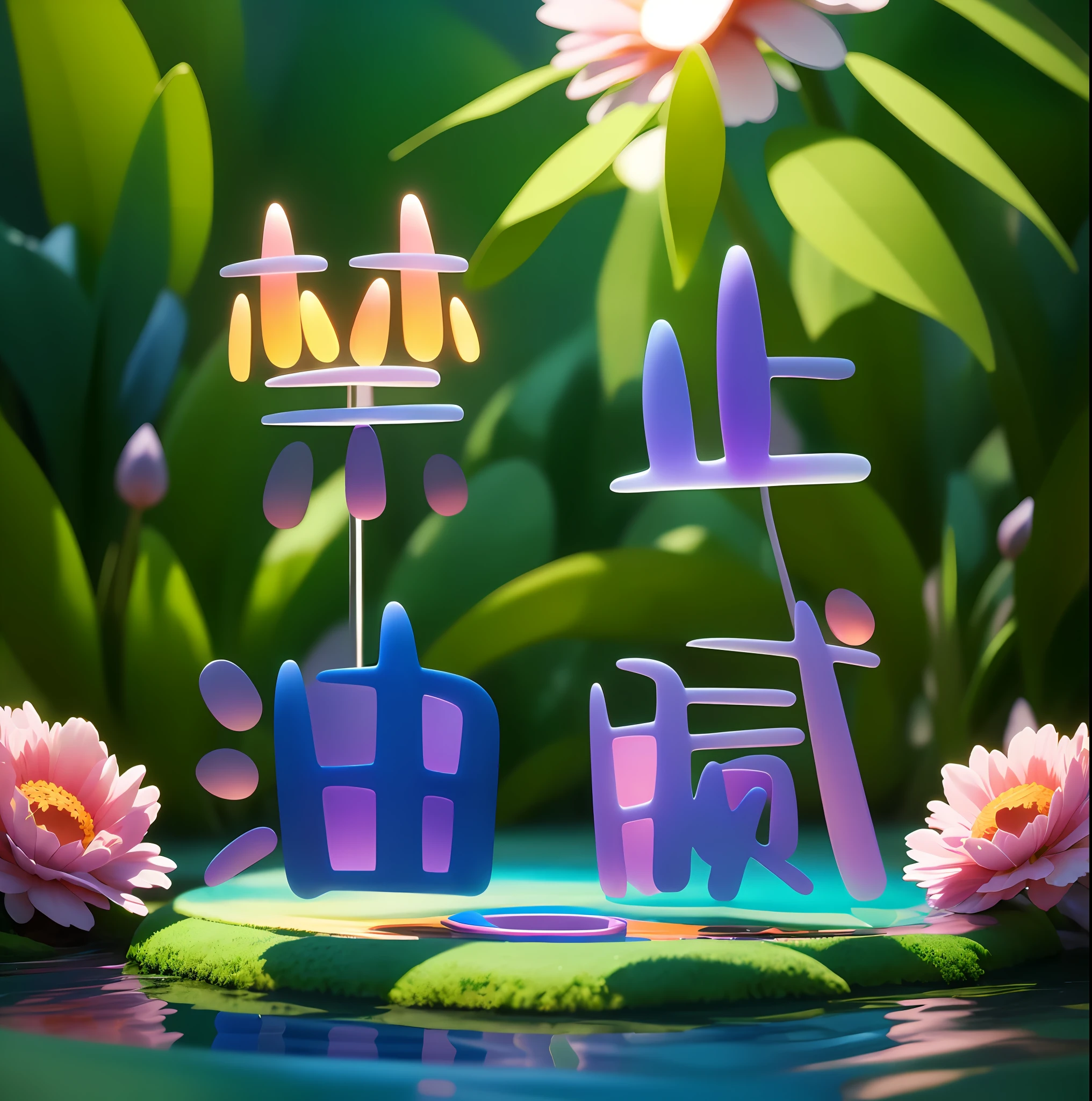 masterpiece, ((clean glass, sunshine:1.2, (transparent: 1.3), gloss)), bright green background of colorful flowers, grass shrub, lots of flowers, best quality, (Pixar - style :1.4), (surrounded by colorful glowing plants, lots of flowers, flying fireflies, bonfires, at night), (Ultra detailed, aesthetic, beautiful composition, rich bright colors, volumetric soft light), 4k, reflection in the water, water ripple Inspired by Alice in Wonderland, magic, fairy tales. unreal Engine, octane render, cuteness render, 3d rendering, Adobe Photoshop, awe inspiring, beautiful