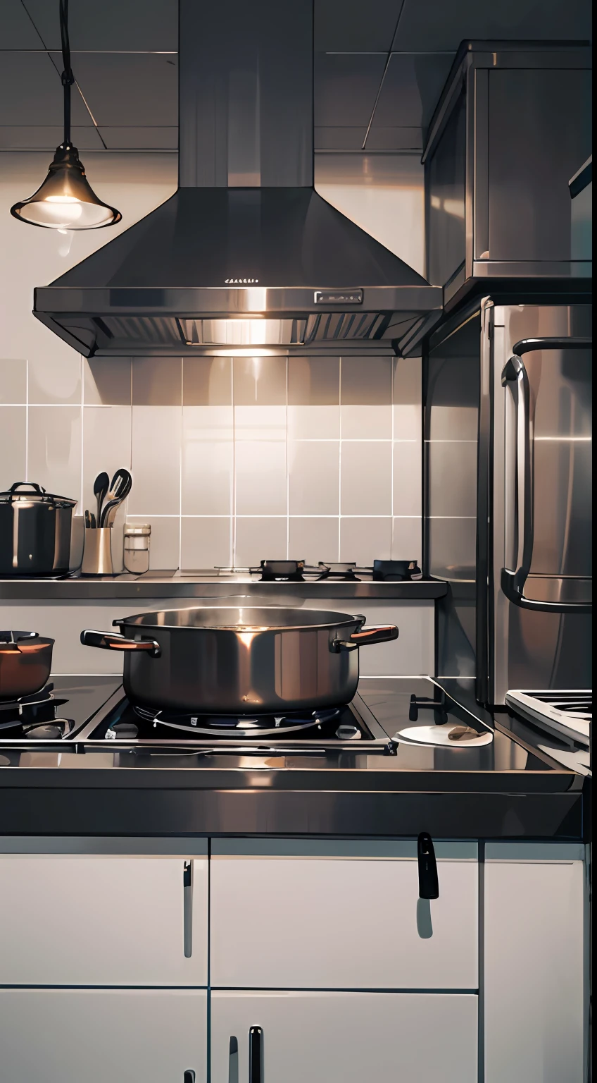 there is a stove top with a pot on it in a kitchen, near kitchen stove, steaming food on the stove, stove, ExquisiteDetail, excellent detail, dark kitchen, hyperreality, Kitchen background, cuisine, Perfect details, Clear detail, overheard camera view of kitchen, dark kitchen of an art student, Exquisite details, old kitchen backdrop, mind-blowing detail