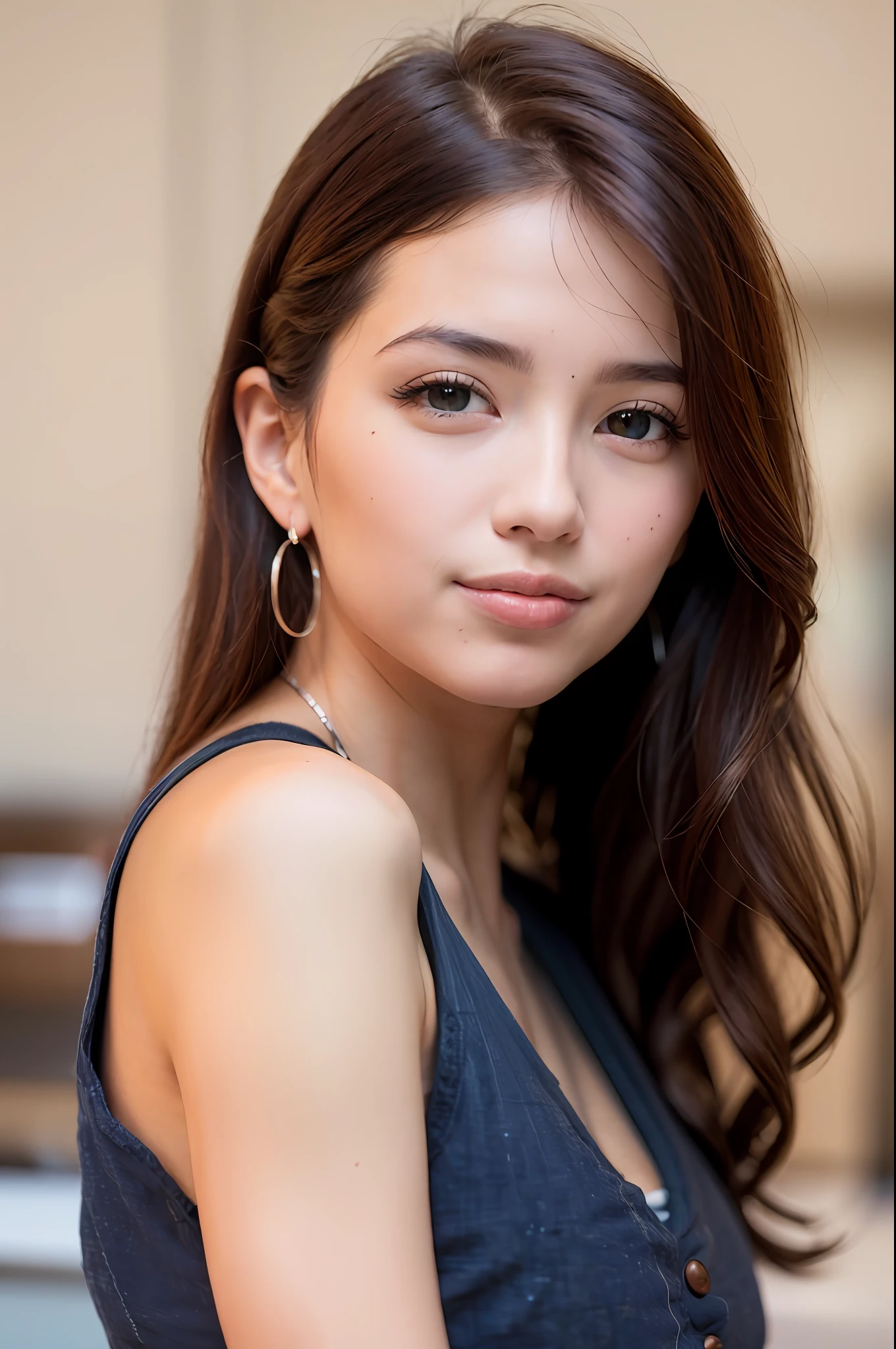 (8K, beste Quality, 巨作:1.2), (Realstic, photorealestic:1.37), Ultra detailded, Onegirl, a Pretty, 独奏, Beautiful detailed sky, date, (Nasal blush), (smile on face:1.15), (Closed mouth), smalll breasts, Beautiful detailed eyes, (long haired: 1.2), Floating hair, Upper bust, Tank tops