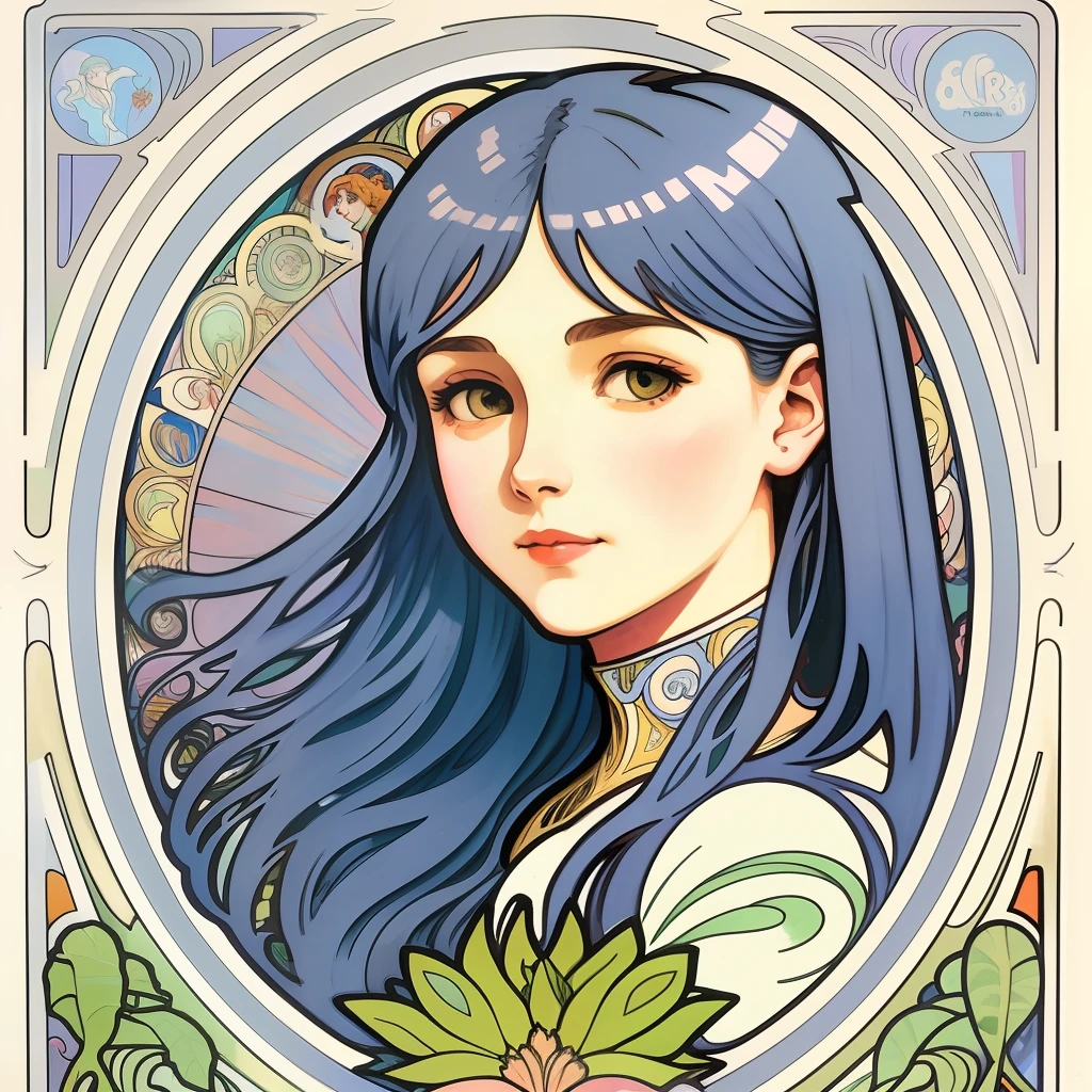 Poster close-up、Poster of with long blue hair、Modern Art Nouveau、Alphonse Mucha、Alphonse Mucha style、Raphael and Alphonse Mucha、Art New、ginger。Art Nouveau、Artem Demurat Alphonse Mucha、Art Nouveau、Mucha Art Nouveau、Art Nouveau masterpieces
