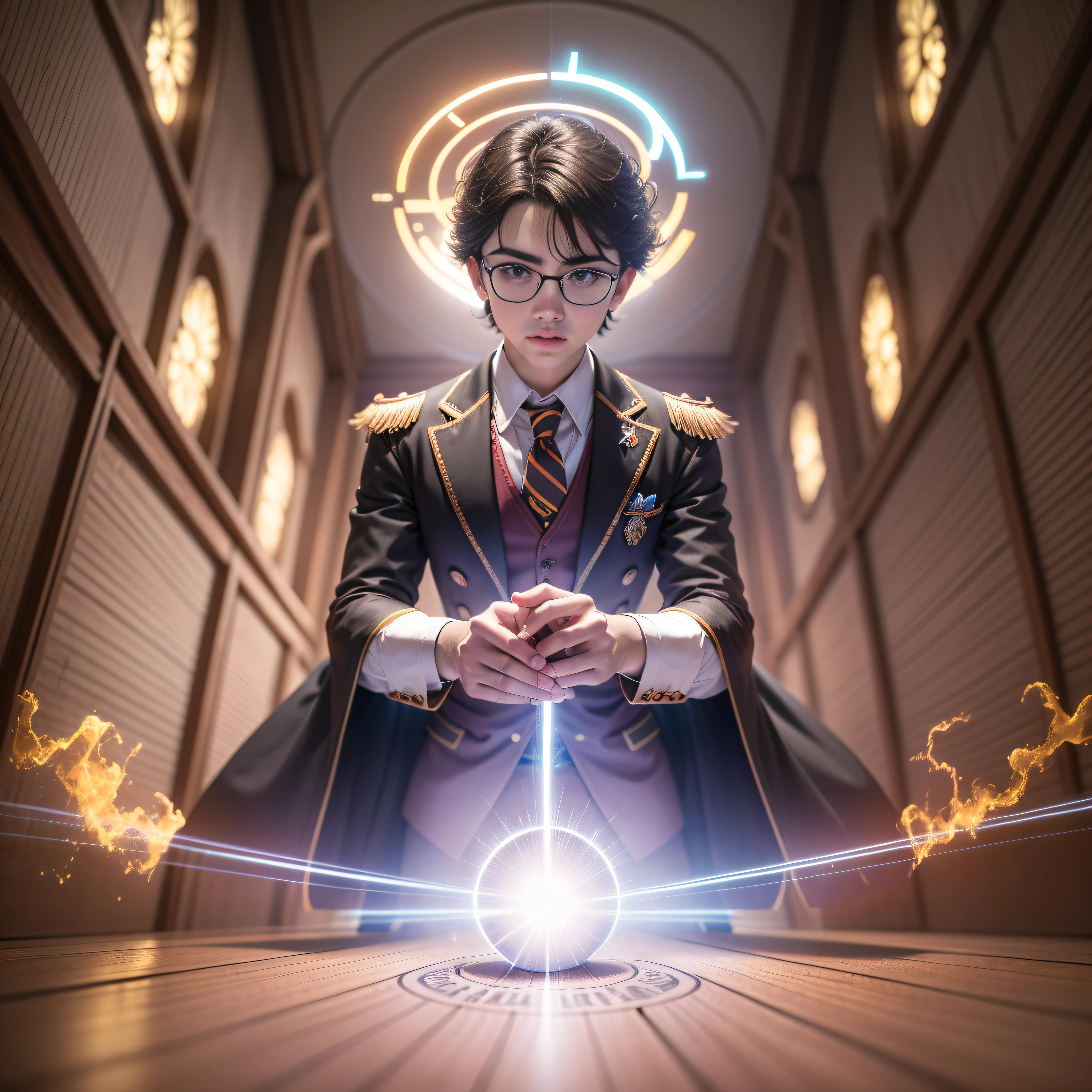 A magician, Wearing Harry Potter's magical clothes,In a multicolored halo, Lens flare, diffraction spikes, Caustics, extreme wide angle, 35mm, hasselblatt, vanishing point, god light, Glowing light, Cinematic lighting, Ultra HDR, 巨作, 巨作, high detailes, High quality, Best quality, highly resolution, 16k
