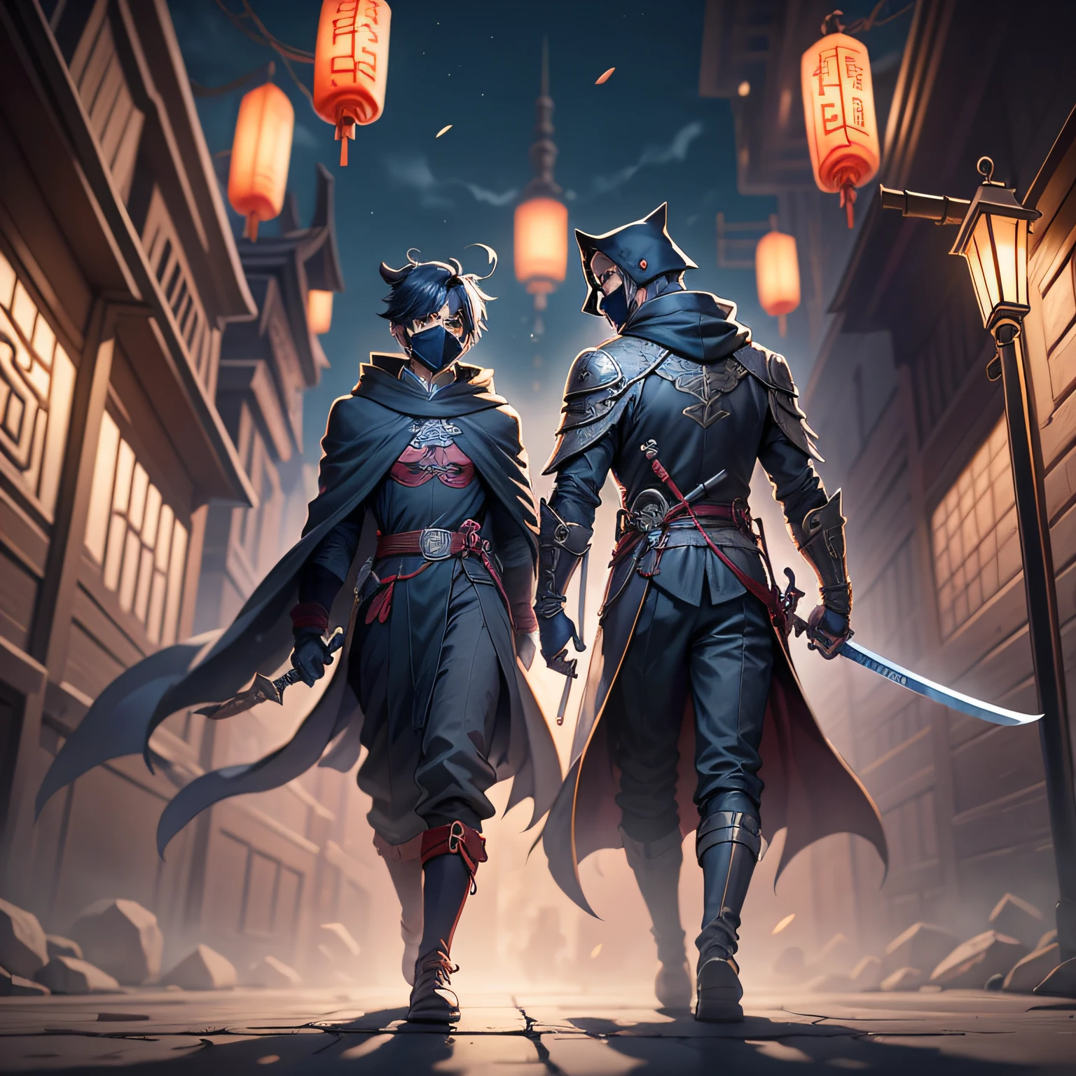 Ancient Chinese architecture，Streets，Night，Two people were fighting in the distance，An anime boy，With a cloak，Wearing a black coat，With a black mask，With a long sword in his hand，Ancient Chinese architecture