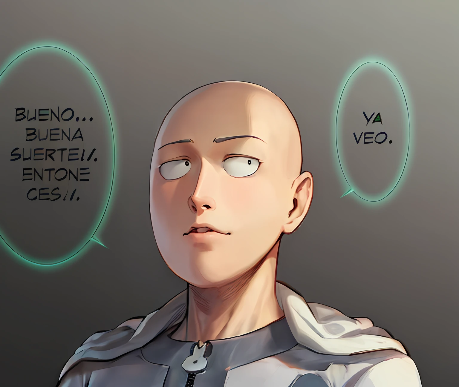 personaje de one punch man, saitama, Joven calvo con ropa de color amarillo y capa de color blanco, contento, ojos claros, fondo blanco. uhd, 8k