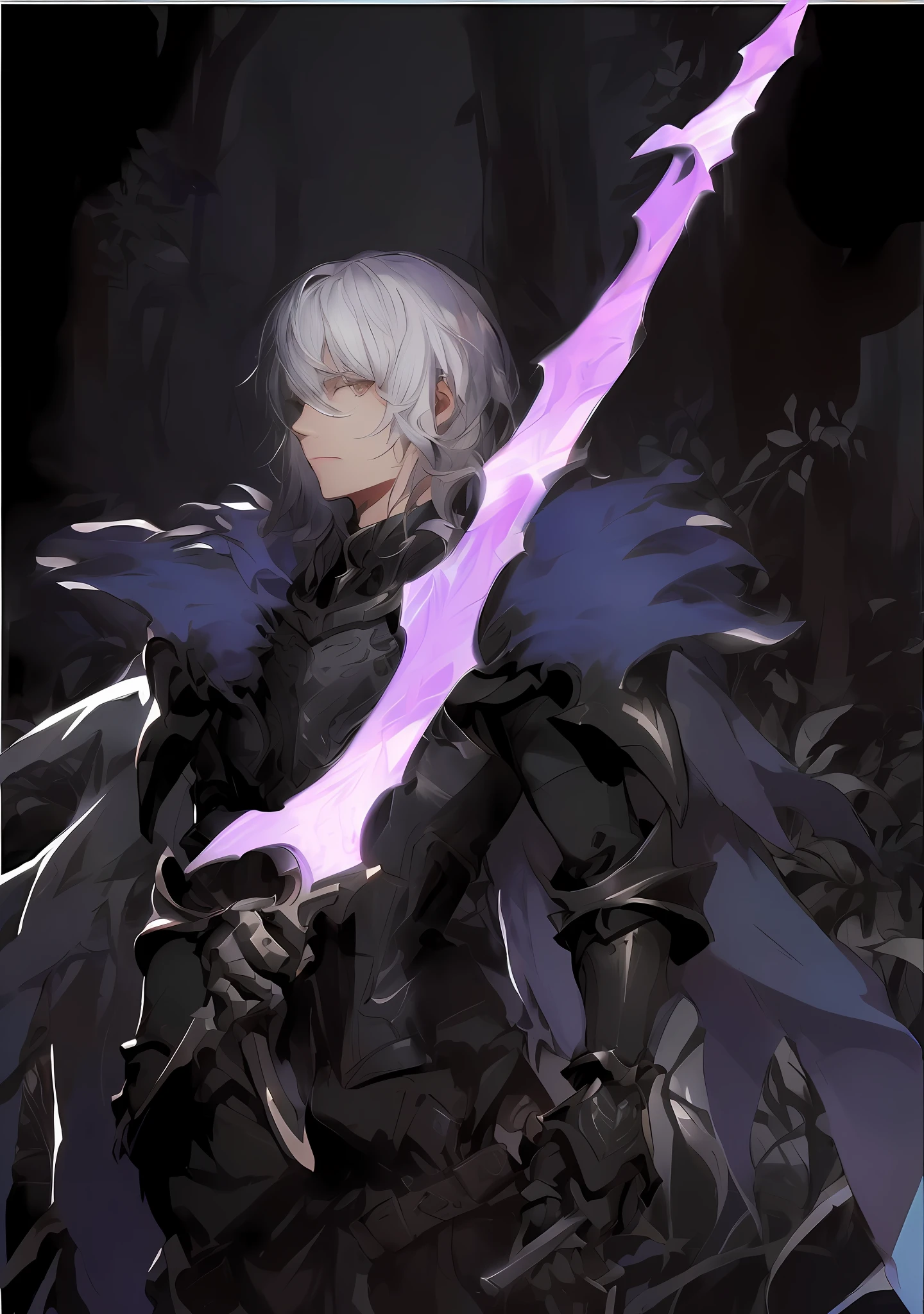 anime character with white hair and sword in dark forest, shigenori soejima illustration, portrait of dragoon, inspired by Li Chevalier, handsome drow, Neil 2 B, casimir art, anthropomorphic raven knight, male anime character, beautiful male drow, a human male paladin, griffith, nier autoamata, fate grand order