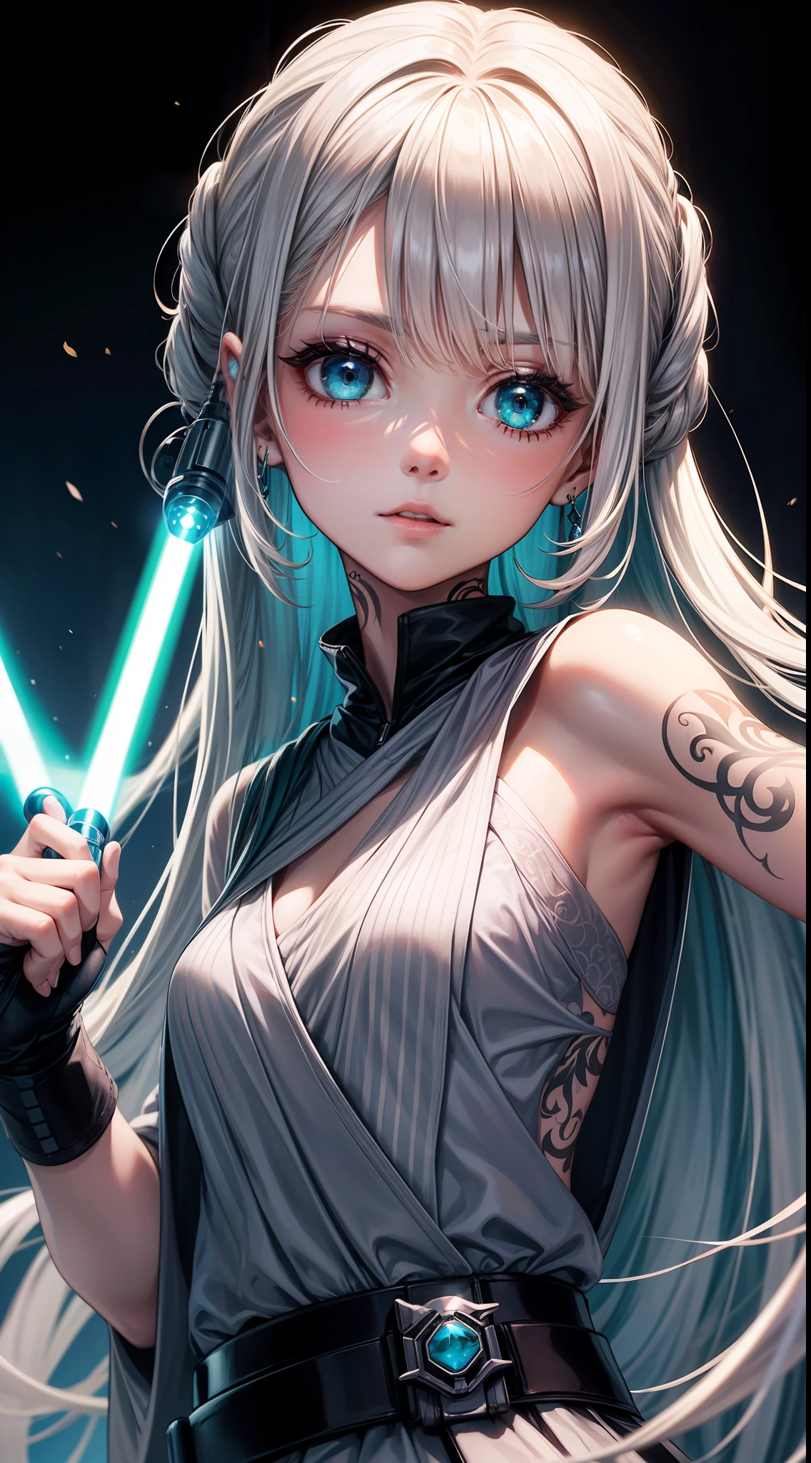 young girl, Long silver hair, turquoise eyes, white tattoos on the face, Rob Jedi, Lightsaber, Masterpiece, hig quality