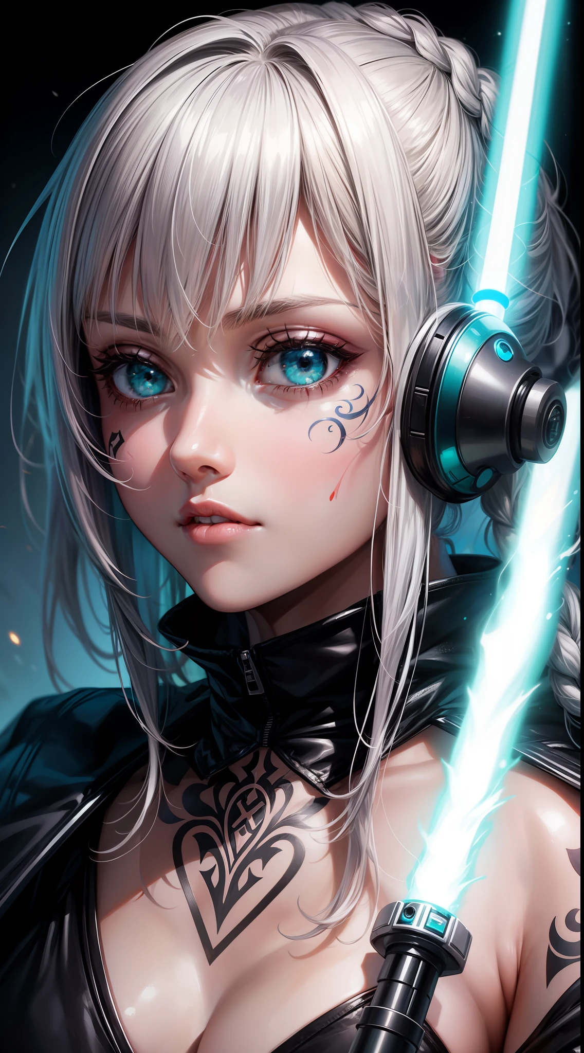 young girl, Long silver hair, turquoise eyes, white tattoos on the face, Rob Jedi, Lightsaber, Masterpiece, hig quality