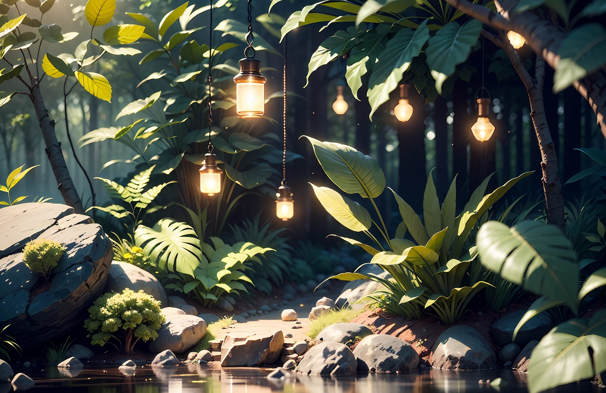 杰作,best possible quality,Extremely beautiful reflection,The best reflections。(Very detailed CG Unity 8k wallpaper),(best possible quality),(The best illustrations),(The best shadow),Forest theme with natural elements。Tall trees,quiet streams,Glowing small mushrooms,Surrounded by delicate leaves and branches,There are also fireflies and glowing particle effects,The tree in the bottle,(nature elements),(Jungle theme),(Foliage),(tree branch),(fireflys),butterflies,(Delicate leaves),(glowing with),(particle effect)。 , Isometric 3D, Octane rendering, raytraced, Ultra detailded