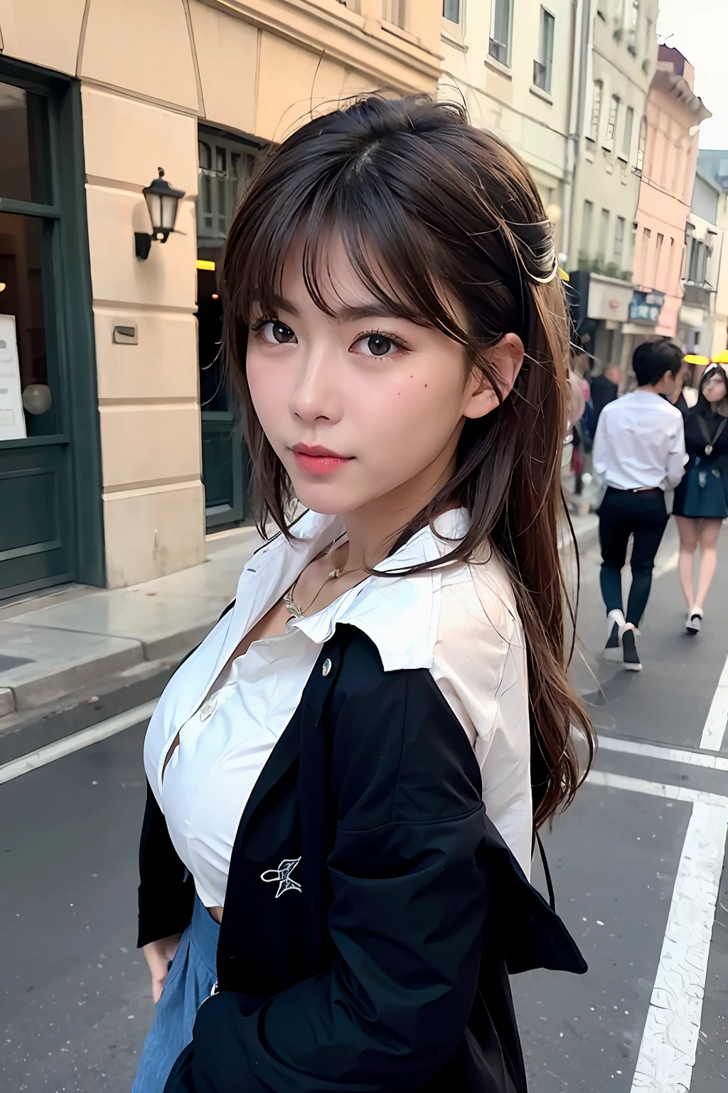 best qualitiy，The ultra-great resolution，（fidelity：1.4），dark haired，hair bangs，（Oversized black jacket），Camisa blanca，skirts，a whole body，looking_at_viewer。al fresco，busy street，