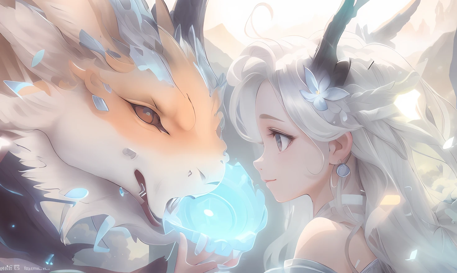 Digital detailed anime girls,Faucet coin pendant sparkling,Long hair shimmers like silver,Wearing a white dress,Paired with clear and bright skies and shady mountains,There is a faint aura of mana,Showcasing the style of Dreamy and Fantastic,💫🌟✨
