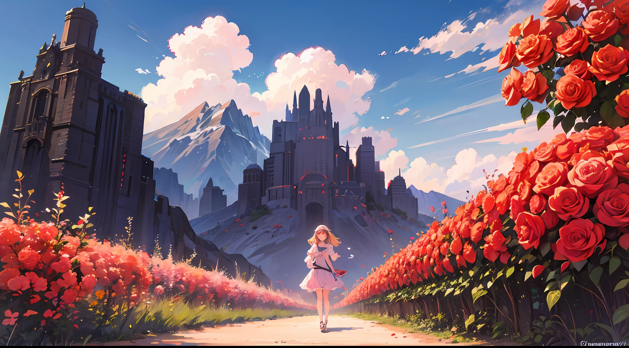 Summer, desert, pink clouds, a land overgrown with roses stands beautiful girl, James Gurney, art station rendered, ultra-wide lens, high definition