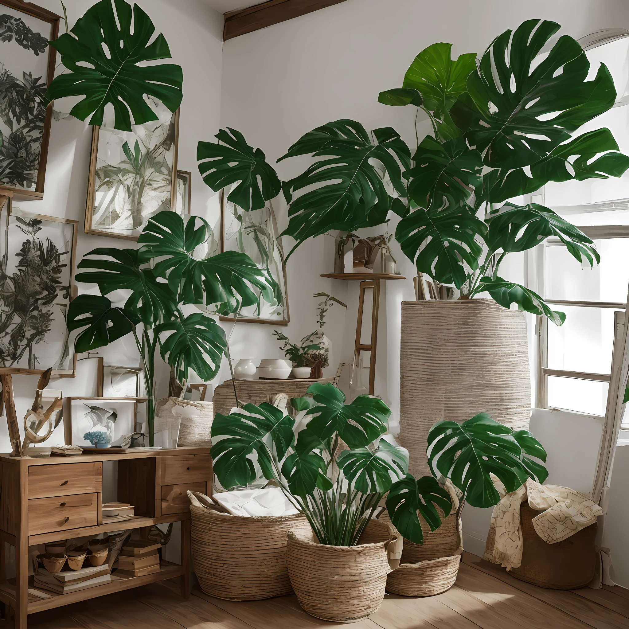 杰作,best possible quality,high qulity,fantastically detailed的 CG 统一 8k 壁纸,A monstera,inside room,shimmer,Award-winning photography,真实感, fantastically detailed, Trends on ArtStation, Trends on CGSociety, intricated, high detailes, Dramatic, The art of midjourney