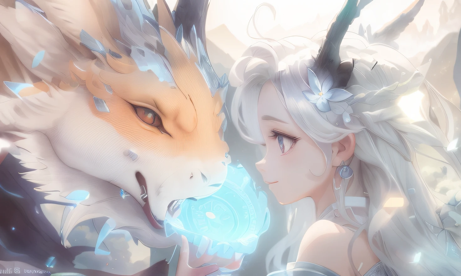 Digital detailed anime girls，Faucet coin pendant sparkling，Long hair shimmers like silver，Wearing a white dress，Paired with clear and bright skies and shady mountains，There is a faint aura of mana，Showcasing the style of Dreamy and Fantastic，💫🌟✨