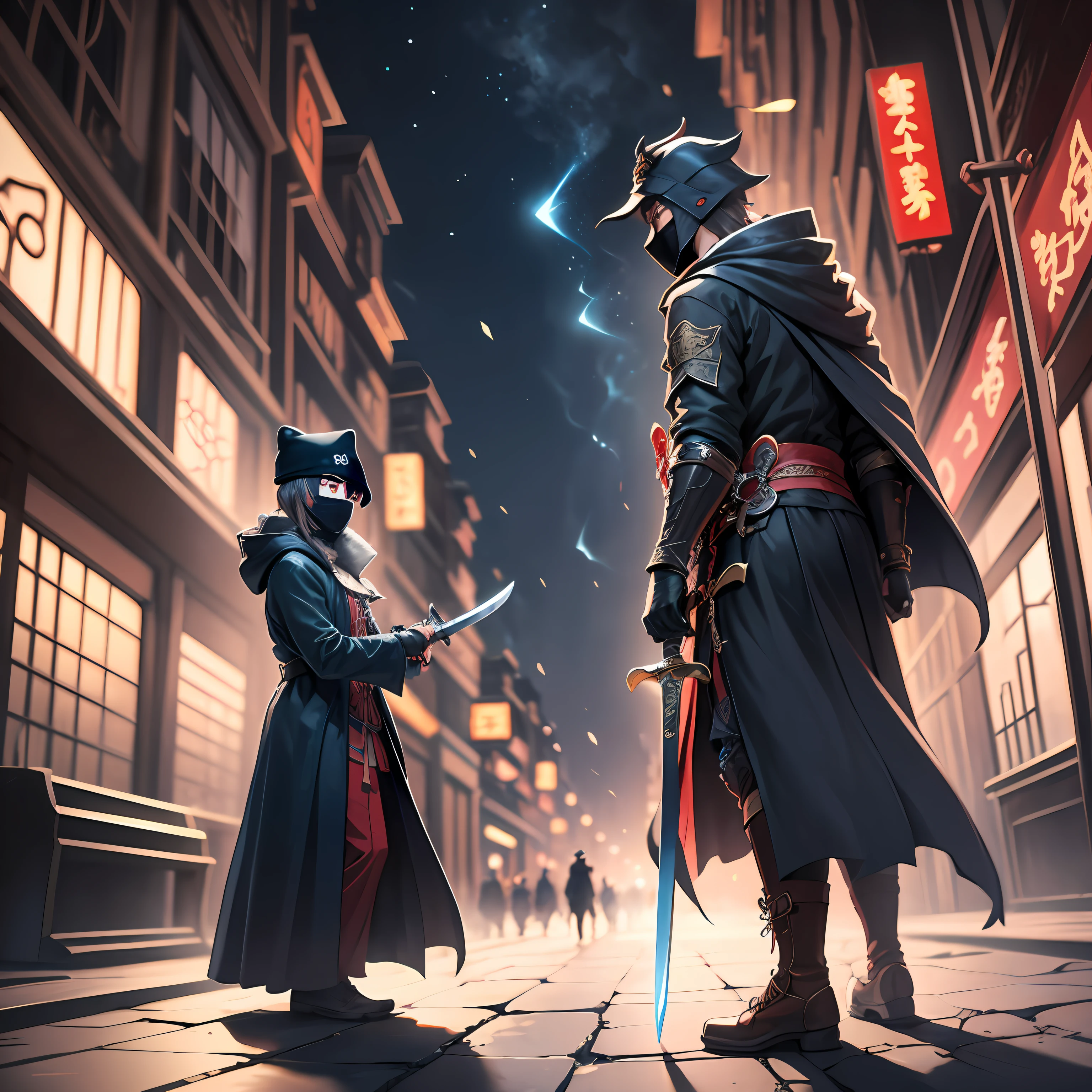 Ancient Chinese architecture，Streets，Night，Two people were fighting in the distance，An anime boy，With a cloak，Wearing a black coat，With a black mask，With a long sword in his hand，Ancient Chinese architecture