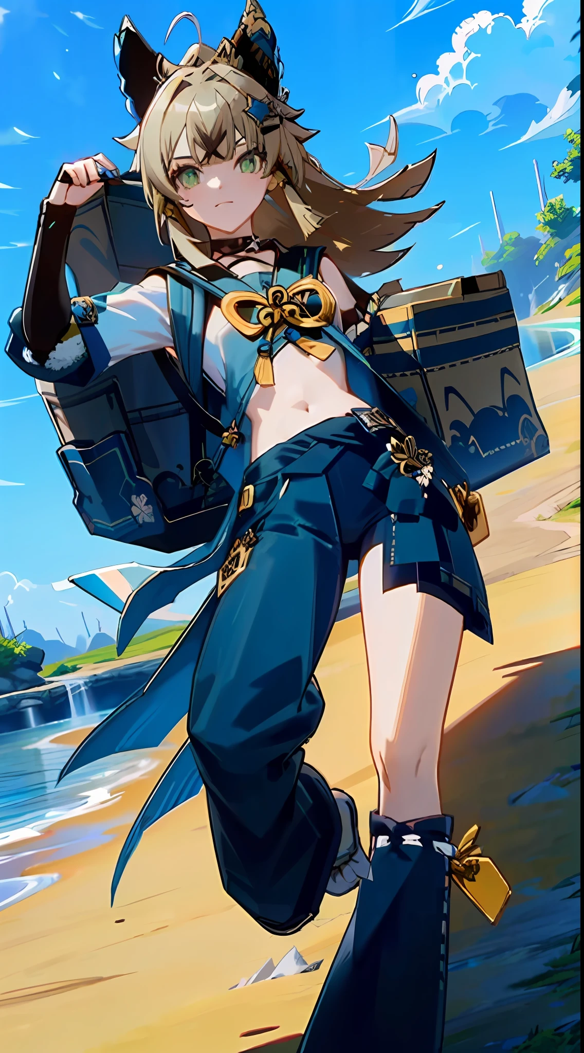 Super detailed official art CG，Young beautiful girl wearing denim shorts and white T-shirt，Feet in canvas shoes and backpacks，Wear sunglasses，Refreshing and youthful