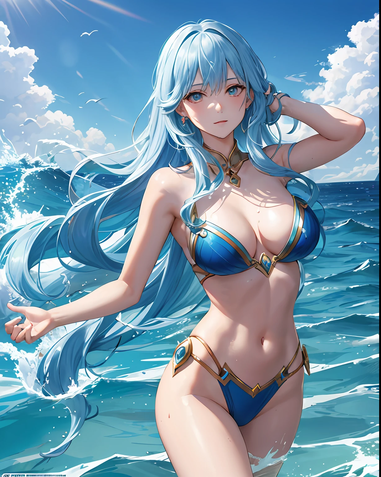 voroshilov, naked towel, 1girl, white hair , blue eyes, breasts,  towel, large breasts, looking at viewer, solo, onsen, cleavage, wet, sitting, water, blush, parted lips, smile, collarbone, thighs, sunlight, bathing, outdoors, rock, partially submerged