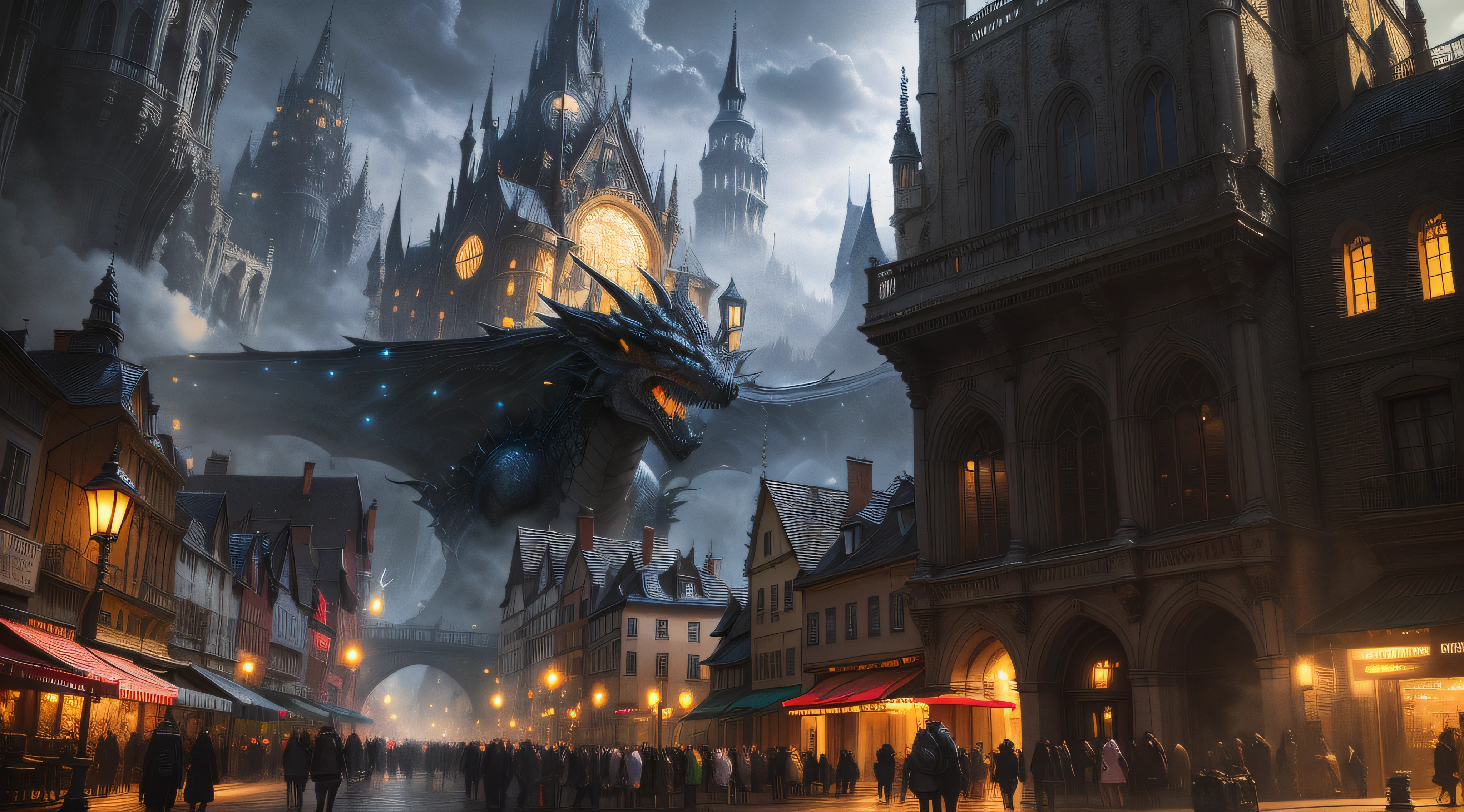 jiji,Sparse crowd,Streets,((chic), Best Picture Quality, Visual spectacle, Magical atmosphere, (FANTASY CITY OR QUIET MAGIC CITY), Summary of details, Immersive, (SPECIAL EFFECT LIGHTING OR LIVE LIGHTING)),middle ages,Europeans,Gothic architecture,Realistic light and shadow,highly resolution,Ultra detailded,Realistic texture,Bold textures,Crazy textures,big dragon,A dragon without hands,The dragon carries the castle on its back,Enchanted castle,Ghastly