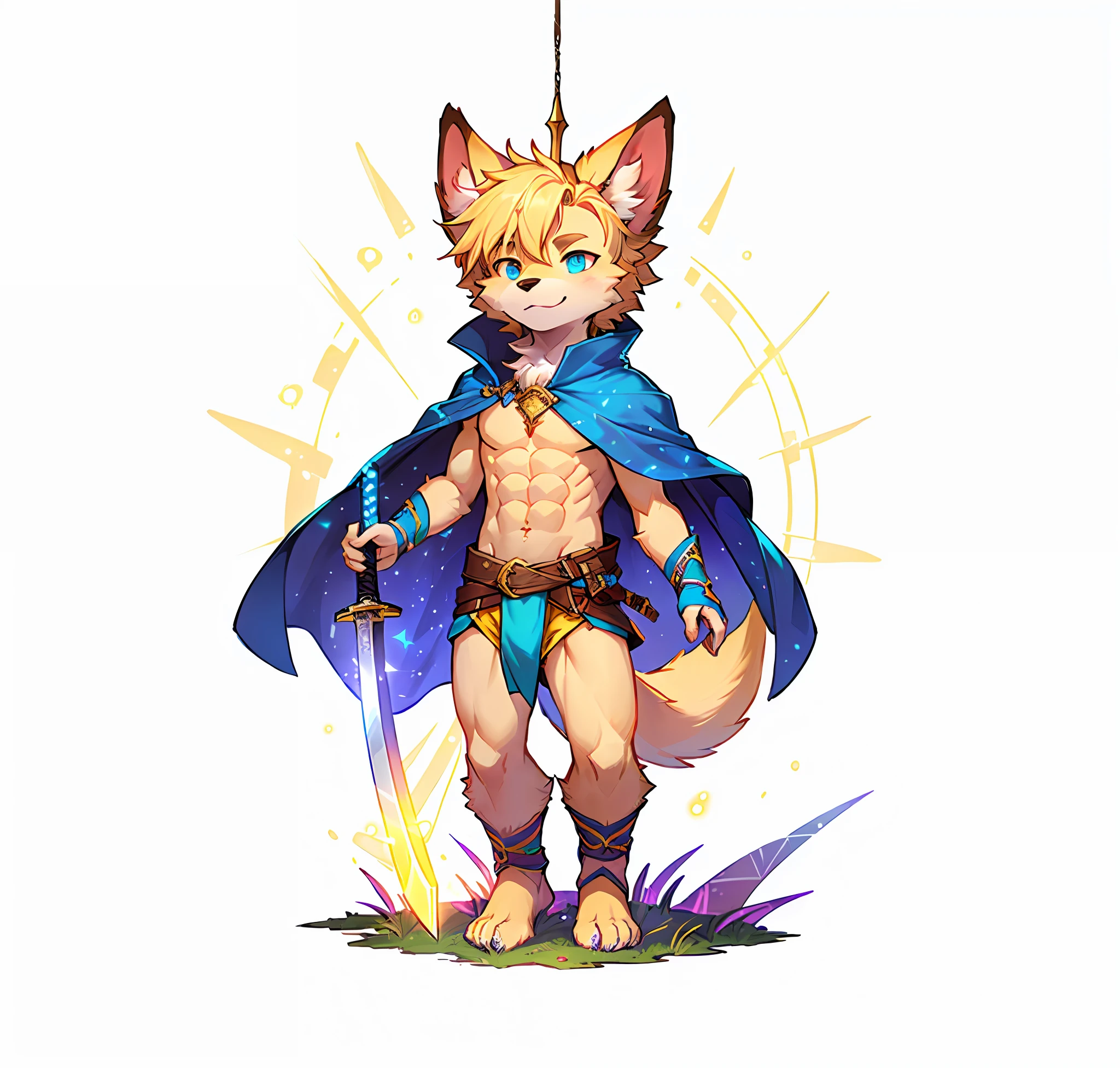 1 male furry， Dogs，coattails，Fantasy World，Shota， FULL-BODY PHOTO， Thin body，Reveals strong abs，Neon City， Clean design，At your feet is a magic array，A sharp sword hangs from his waist,