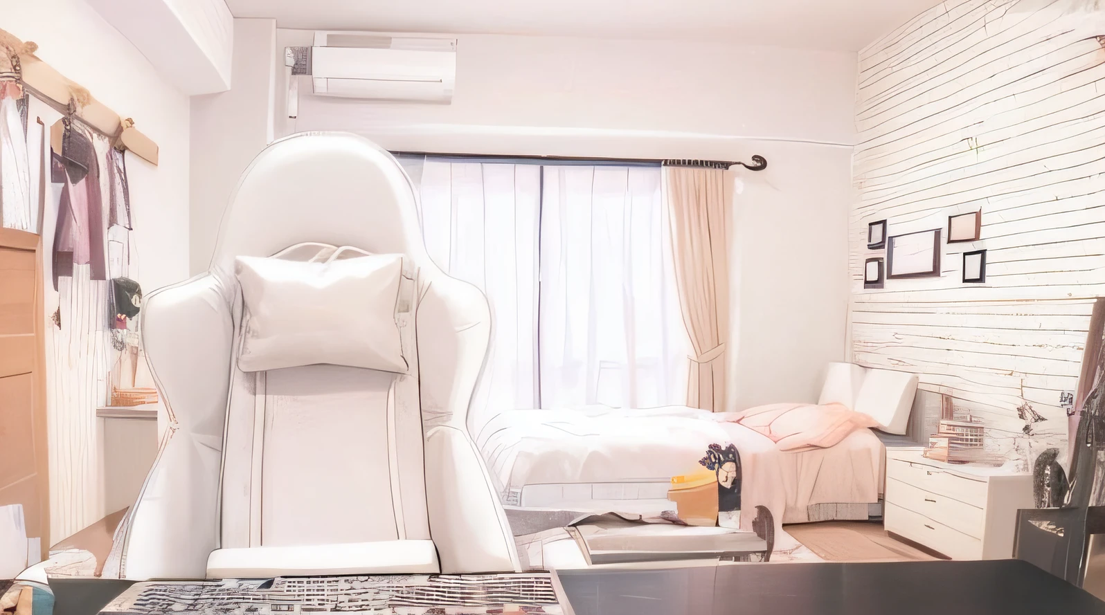 there is a computer desk with a keyboard and a chair in the room, personal room background, relaxing concept art, anime aesthetic, light academia aesthetic, anime background art, bedroom background, anime asthetic, in a japanese apartment, anime set style, anime vibes, cute room, studyng in bedroom, very comfy], whole room, sitting in bedroom --auto