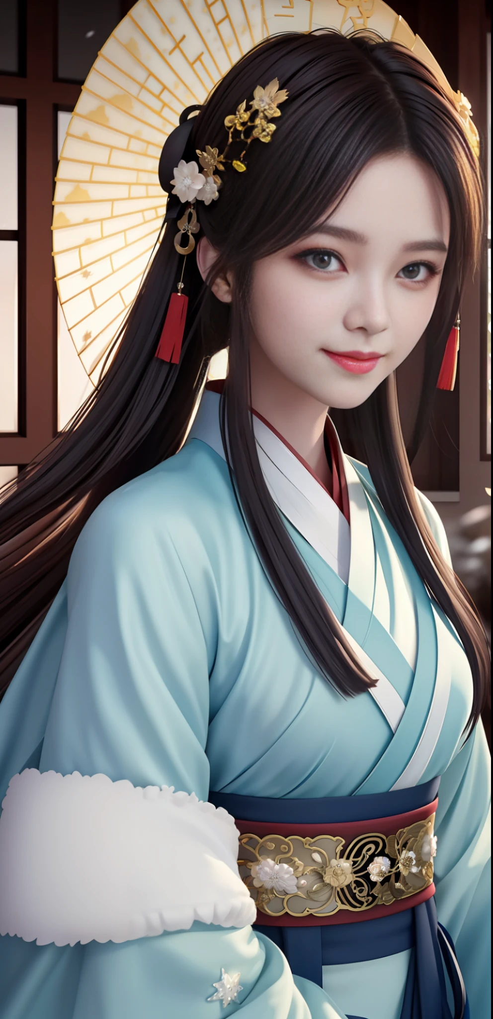 High resolution, 1girl, (glamorous smile: 0.8), Chinese Hanfu, red Hanfu, hair accessories, snow, beauty, ultra-high-definition pictures, complex and detailed light, shadow and refraction, exquisite and high-quality atmospheric lighting, Octane rendering engine, focus Clear, high contrast, high resolution, cinematic concept photography