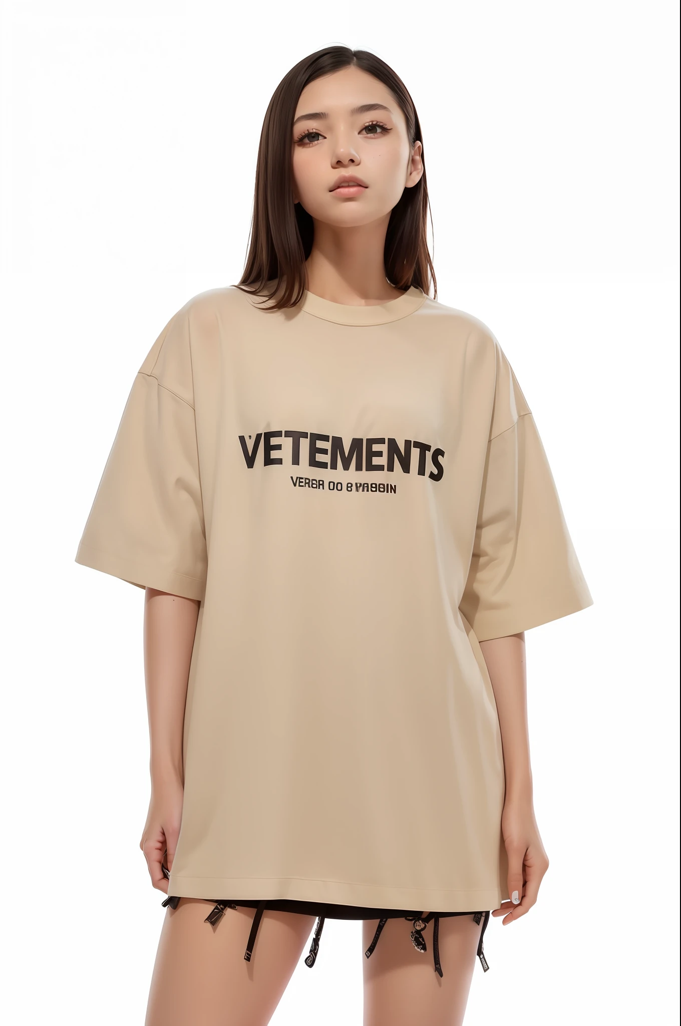 a woman with huge anime eyes wearing a tan shirt with the words vetements printed on it, vetements, trending on r/streetwear, streetwear, victoria siemer, official product image, ssense, official product photo, 1 0 0 0, medium wide shot, 2 0 2 1, 2021, she is wearing streetwear, garments, woman in streetwear, oversized