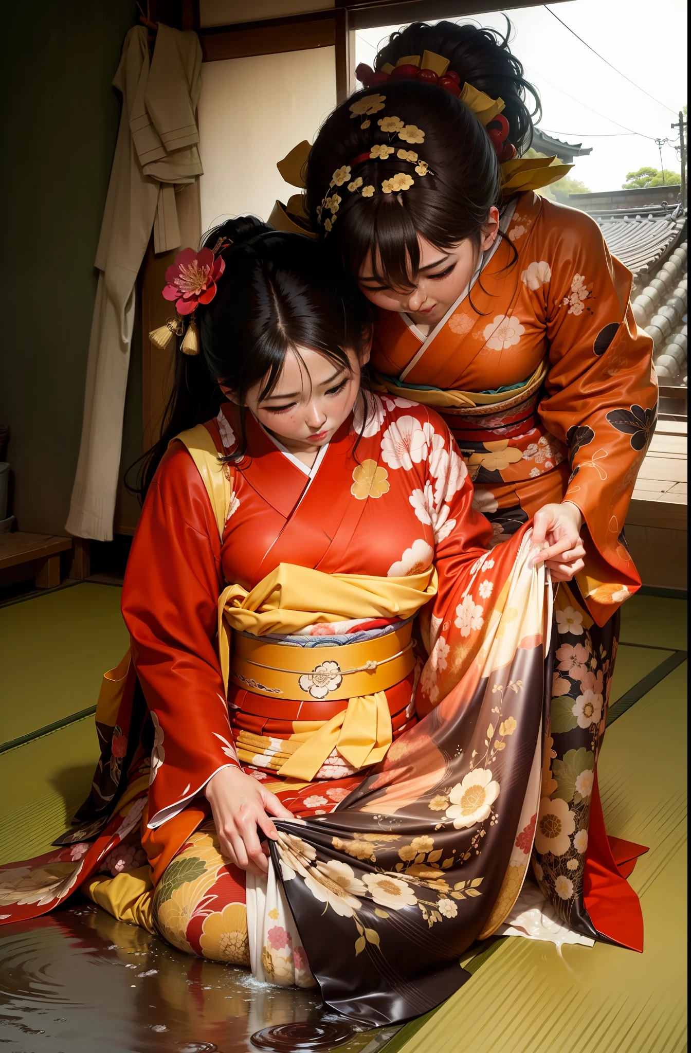 (Best Quality), A scene in which a kimono soaked by a large amount of rain is beautifully and supplely drawn, Highlight the large amount of rainwater dripping from the kimono,Emphasize the silk fabric texture of the soaked kimono,Cute Japan Model Girl
