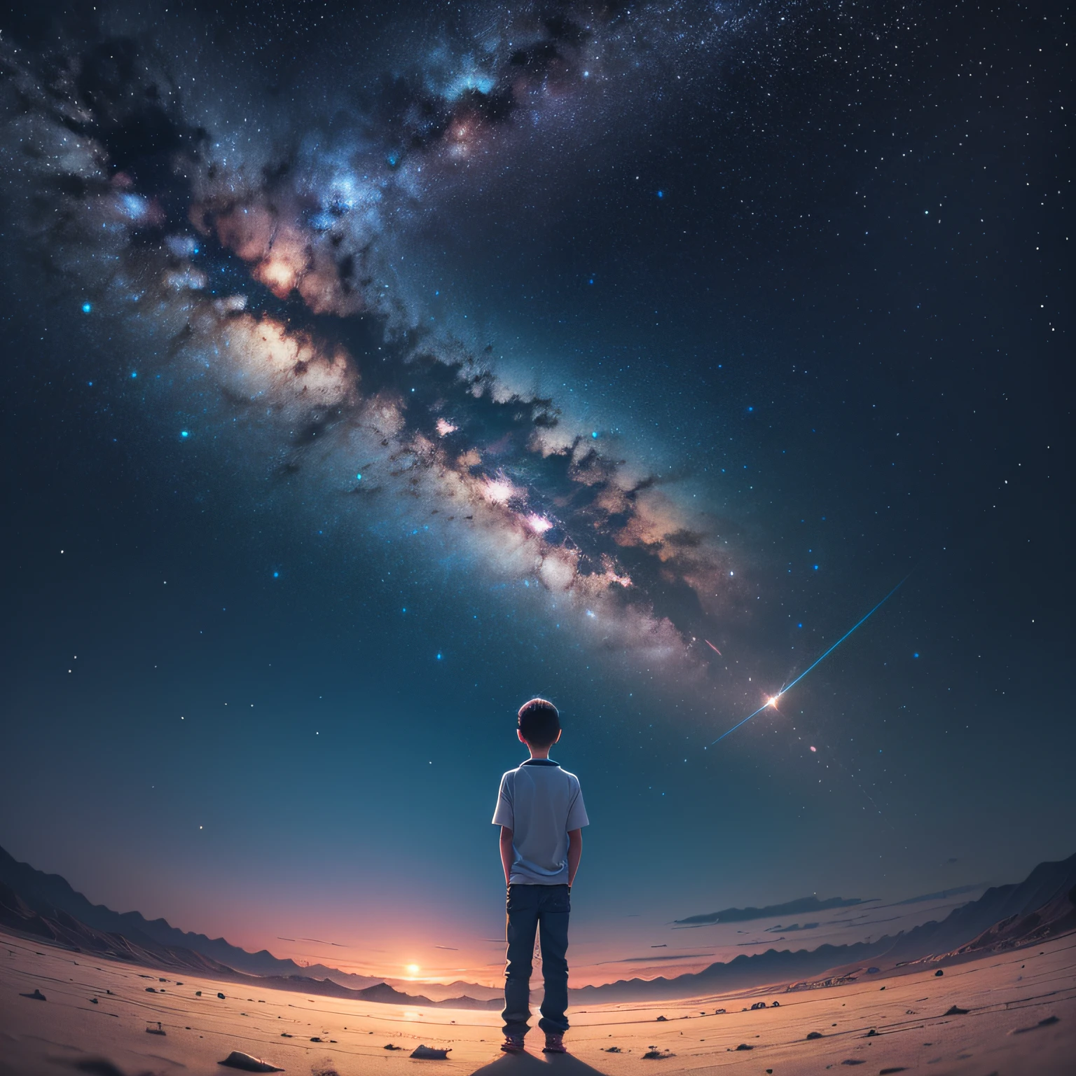 a boy stand in open sky, so many stars in the sky, very beautiful moment, boy stand like very peacefuly and 2 hands beside 2 side state, 4k, best quilaty, genarate very standerd image --auto