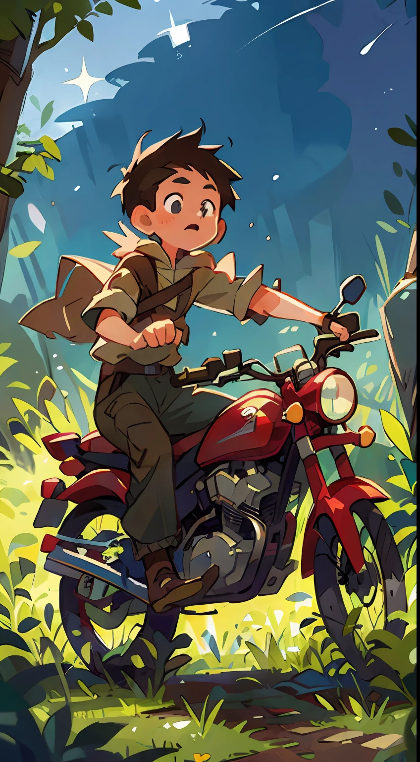 Prairie, a boy, riding a motorcycle, goggles, knight, night, Zelda dressed up, starry