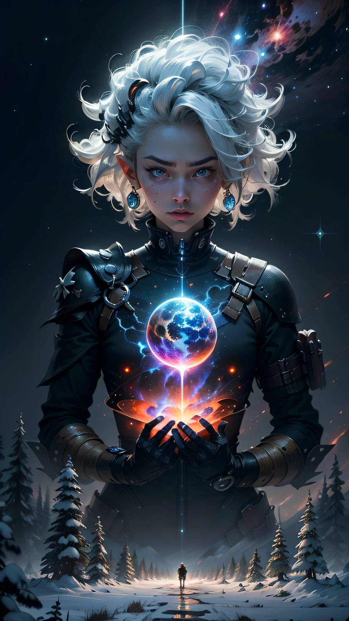 ((Best Quality)), ((Masterpiece)), (Very detailed:1.3), 3D, In a distant future where the boundaries between science fiction and fantasy have dissolved, the world is a tapestry of awesome wonders. Enter a universe where magic and technology coexist in harmony, shaping the destiny of civilizations across vast expanses of space. At the heart of this realm is the Celestial Nexus, an intergalactic center of mystical energies and technological wonders. Here, dark knowledge intertwines with cutting-edge science, giving birth to a society where spaceships are imbued with the power of ancient spells, and technology is augmented by the mystical arts. Embark on a great odyssey as a young explorer, destined to unlock the secrets of the Celestial Nexus. As you traverse the uncharted realms of the cosmos, encounter various civilizations teeming with beings with extraordinary abilities. From ethereal elven arrows, where the art of interdimensional travel is perfected, to the cybernetic enclaves of the Android conglomerate, witness the tapestry of life as magic and technology intertwine. Unleash your latent powers as you tune into the energies flowing through the Nexus. Exploit ancient incantations of forgotten witchcraft to propel your spaceship across the vast expanse of the cosmos. Engage in epic battles against cosmic abominations and interstellar tyrants, wielding enchanted weapons infused with futuristic upgrades. As you delve deeper into the enigmatic realms of the Celestial Nexus, discover the origin of this seamless fusion of magic and technology. Discover the ancient prophecies that foretell a cataclysmic event that threatens to tear this delicate balance. Unite with a band of extraordinary beings, each possessed