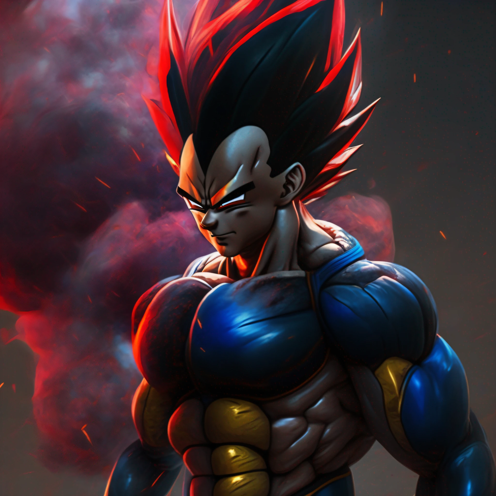 (Vegeta)_(Dragon ball z), corpo inteiro, emanated a red smoke around the body, Ultra realista, Hyper Muscle, Cyberpunk, 8k