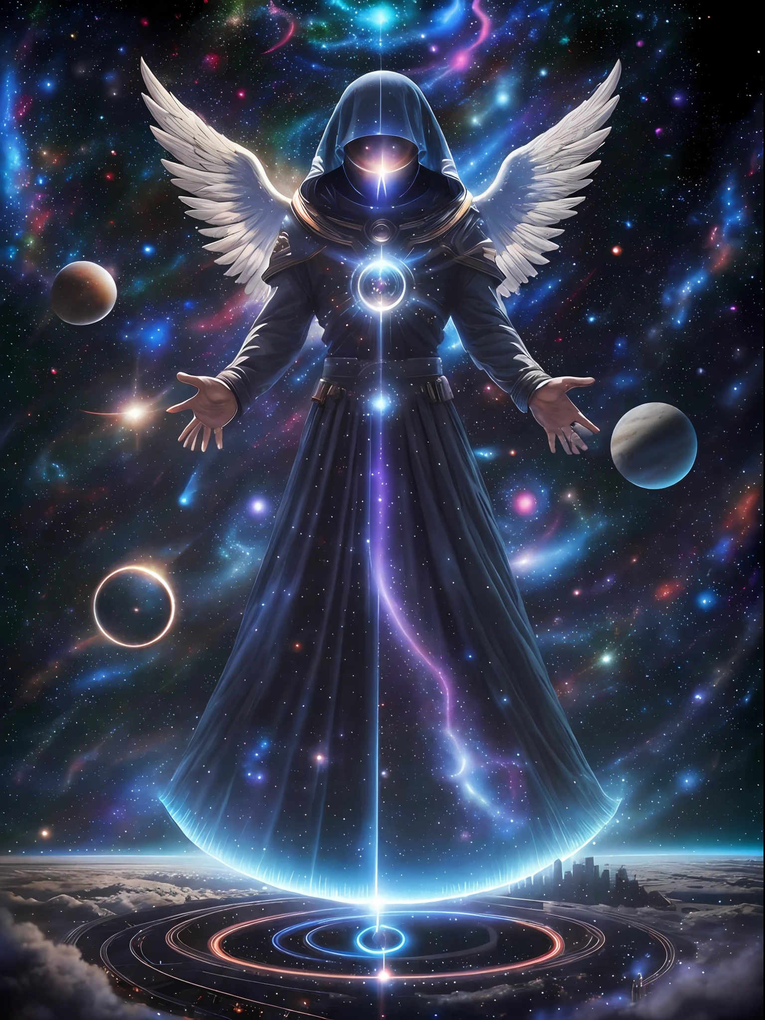 Godman giant galactic guardian angel,Guardian Angel,Blue and purple veil,at city,standing on the bridge,In front of a spiral vortex with the galaxy as the background,Planets orbit each other,Galaxy background,((Sharp focus bokeh)),Magical portals in the sky,A brilliant magical time portal,High level of detail in 32K,ultra detaile,ultra-clear,hyperreality,rim-light,ultra intricate,Realistic style