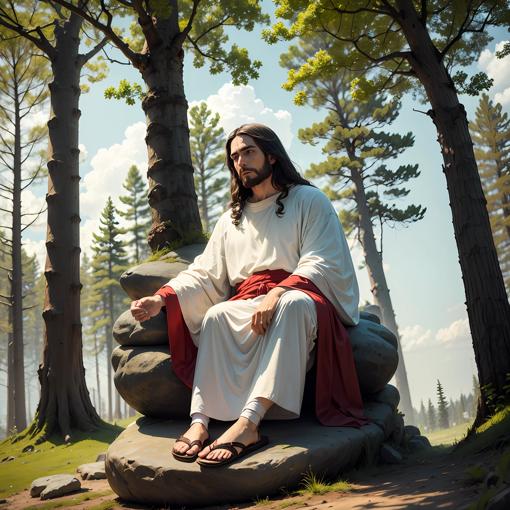 Jesus Christ, dressed in white and red, sitting on a stone with trees behind him, with his light cloud of sandals, his feet in a position to lecture, without people around him;. --auto