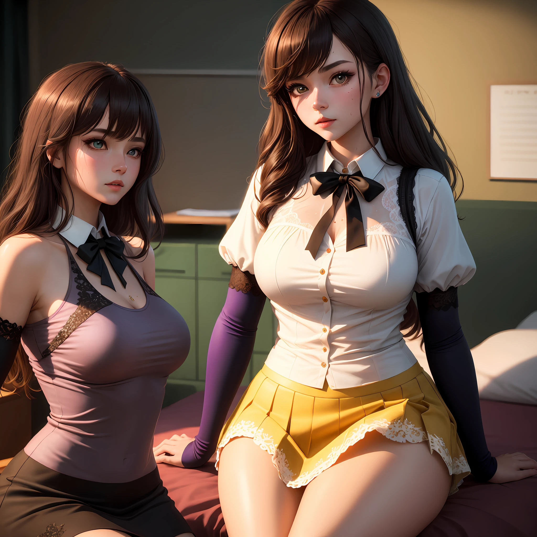 1girls, Female teacher，Delicate and beautiful face, get  blush, Purple pupils，crimcon hair，long haired，White shirt with black sleeves，yellow bowtie，Red skirt，Black lace stockings，Sweat all over the body，perfectly proportioned, Detailed clothing details, Bedroom room，Liquid effect，Cinematic lighting, filmgrain, Fujicolor, light and darkcontrast, 8K, 巨作, Textured skin, Super detail, high detailes, High quality, highly resolution,