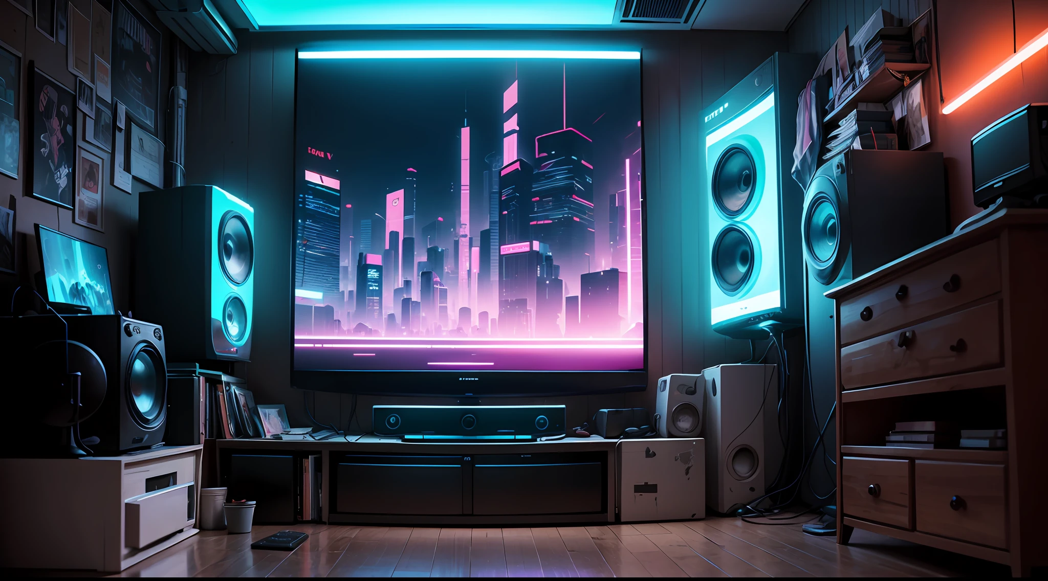 televisions，fam，Background wall，cyberpunk theme，Ambient neon